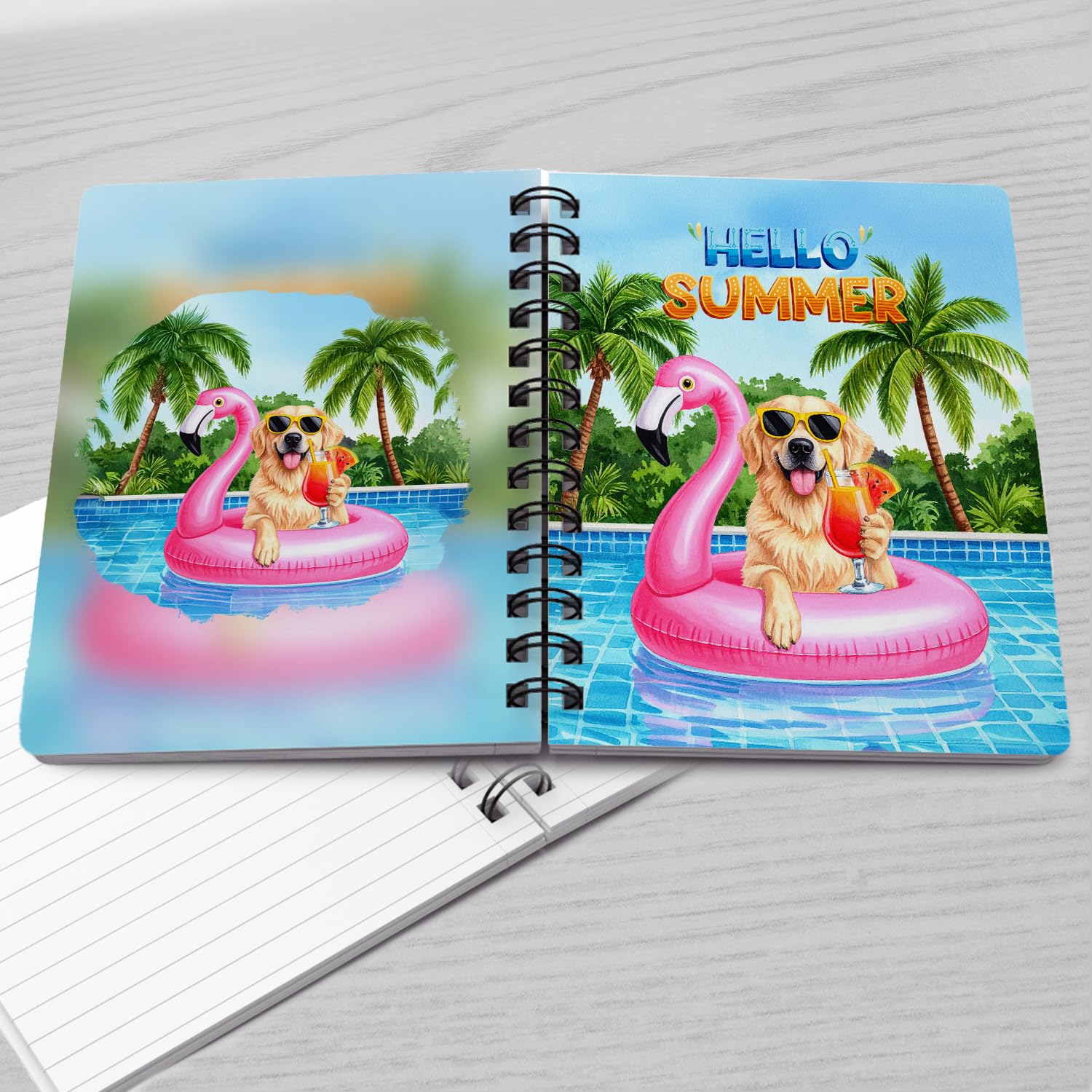 Ninety3POD Hello Summer Great Pyrenees at Swimming Pool Flamingo Swim Ring Spiral Bound Journal Pyr Dog Lover 5x7in Spiral Notebook 12009