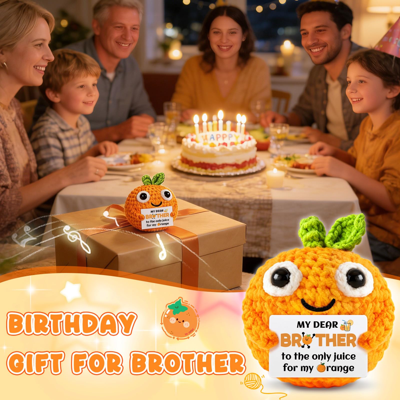 hixkvpen Funny Brothers Gifts from Sister Brother Emotional Up Support Crochet Orange Gifts Graduation Easter Basket Stuffers Fillers Fathers Day for Big Little Bro Brothers Cute Orange Decor