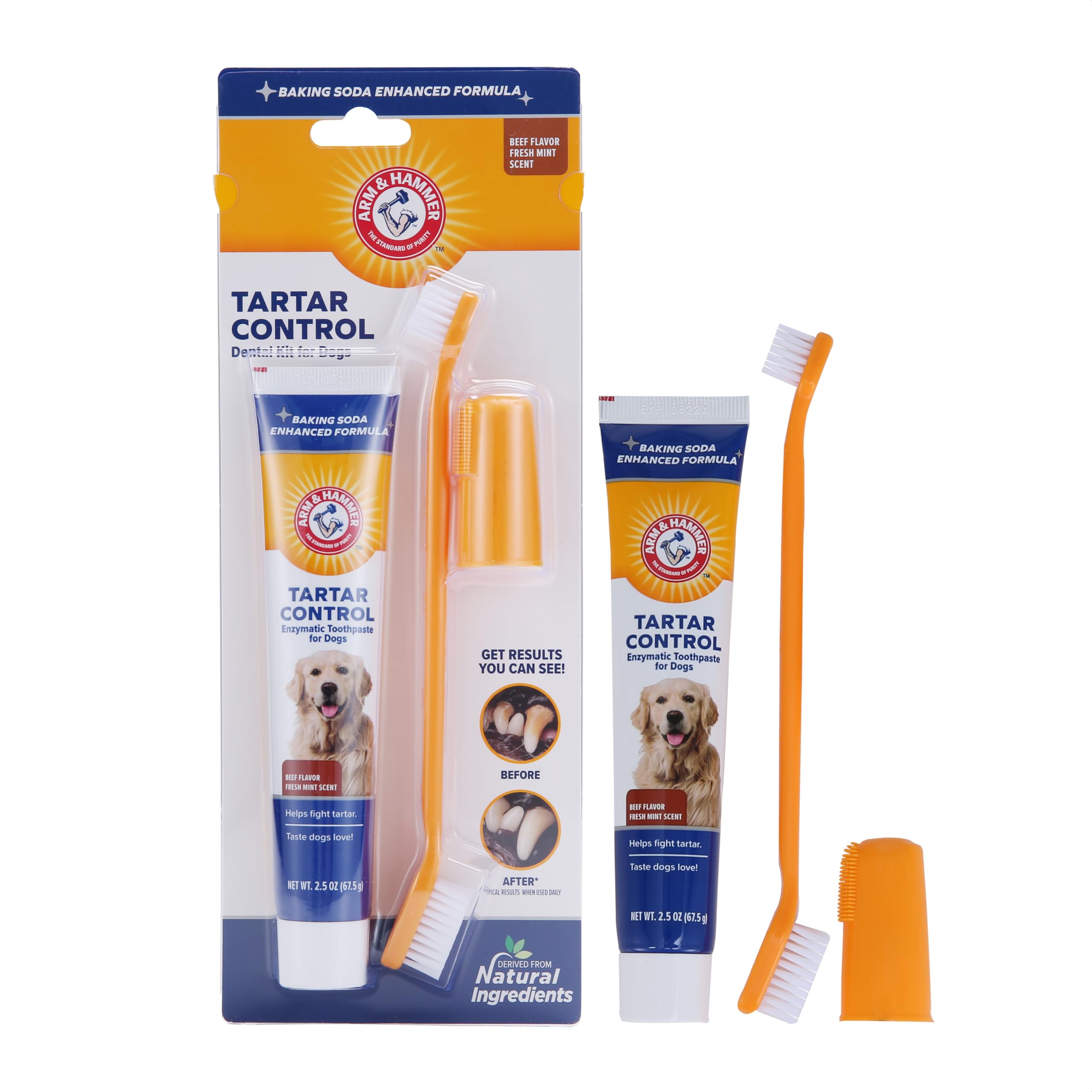 Arm & Hammer for Pets Tartar Control Dog Dental Kit, Enzymatic Toothpaste with Toothbrush and Fingerbrush, Baking Soda Formula Reduces Plaque and Tartar, Safe for Puppies, Beef Flavor, 3-Piece