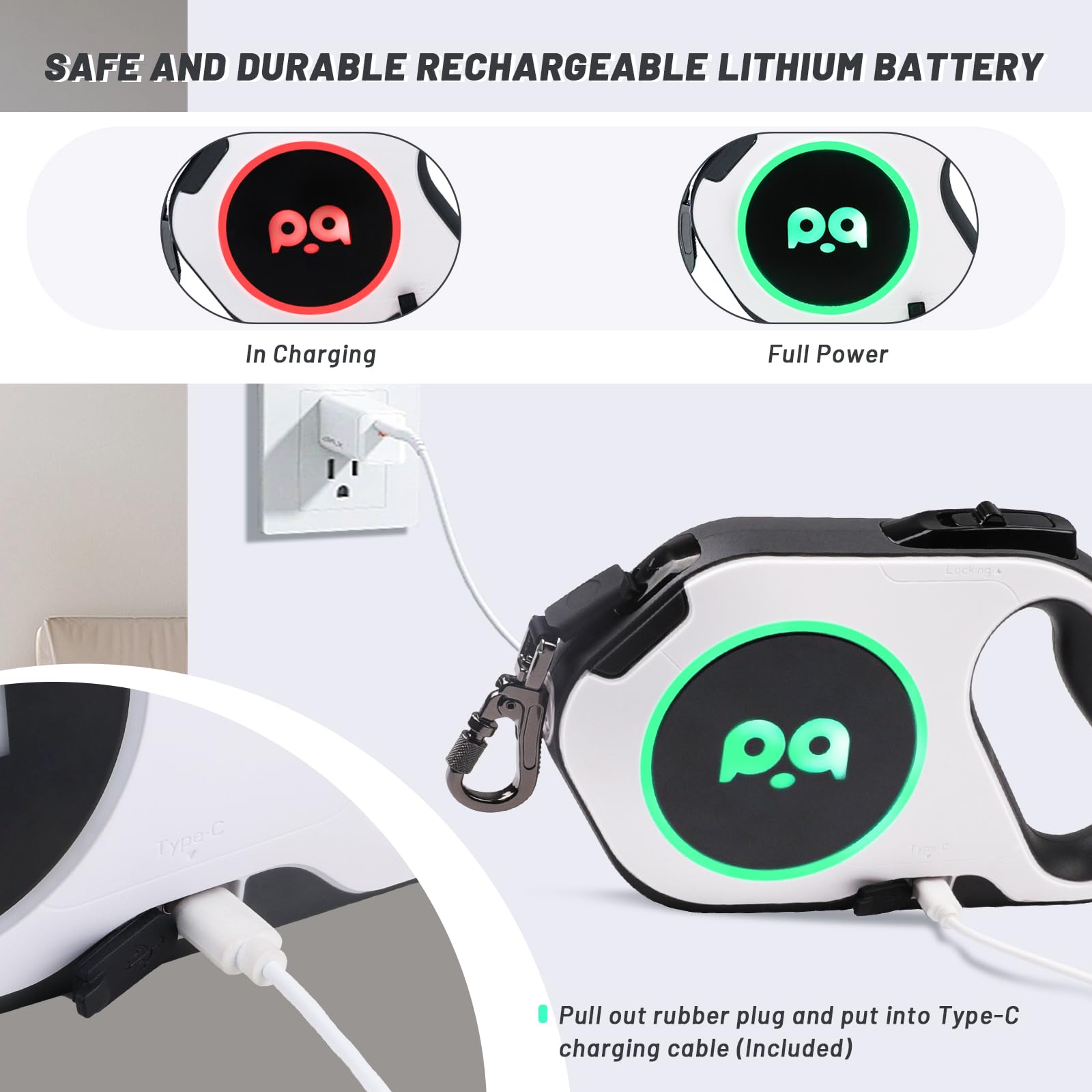 QQPETS Retractable Dog Leash with Rechargeable LED Light - 16 ft Strong Nylon Tape for Night Walks up to 88lbs Pet - 360° Tangle-Free One-Handed Brake, Pause, Lock (White)
