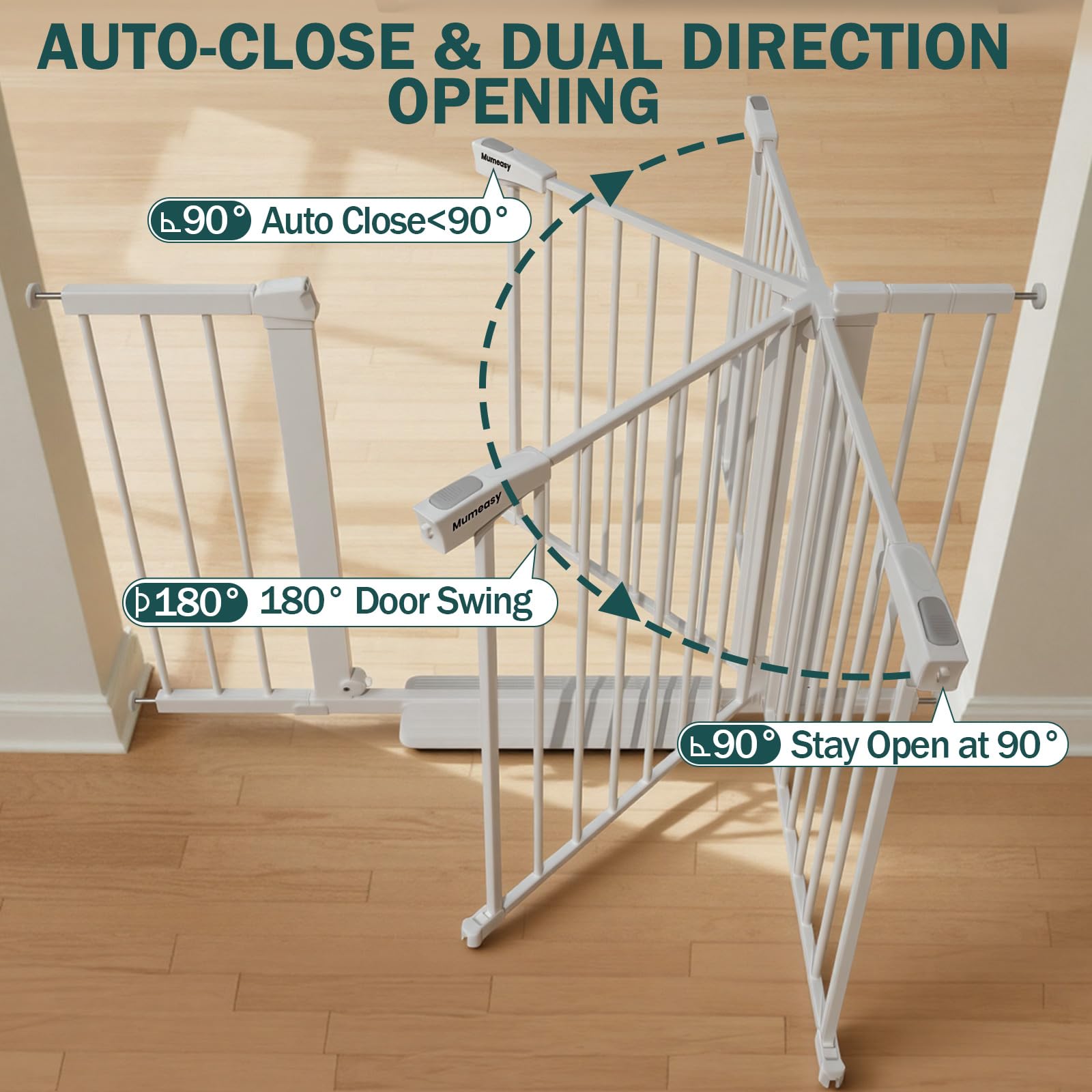 Mumeasy 36" Extra Tall Dog Gate, Auto Close Baby Gate for Stairs Doorways, 29.7-46" Wide Walk Thru Child Safety Gate for House, Easy Install Pressure Mounted Metal Pet Gate with Door, White