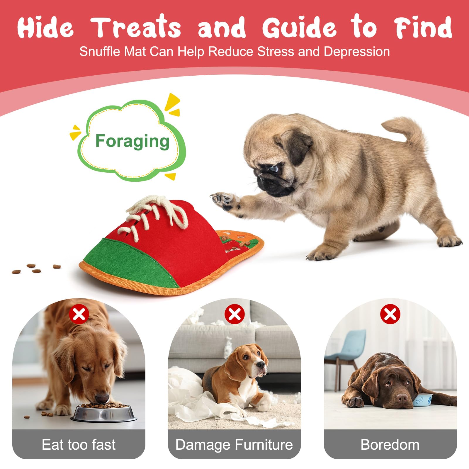 Meseto Snuffle Mat for Dogs, Cute Shoes Shape, Interactive Sniff Mat for Slow Eating and Keep Busy, Adjustable Dog Digging Toys Encourages Natural Foraging Skills, Suitable for Small and Medium Dogs