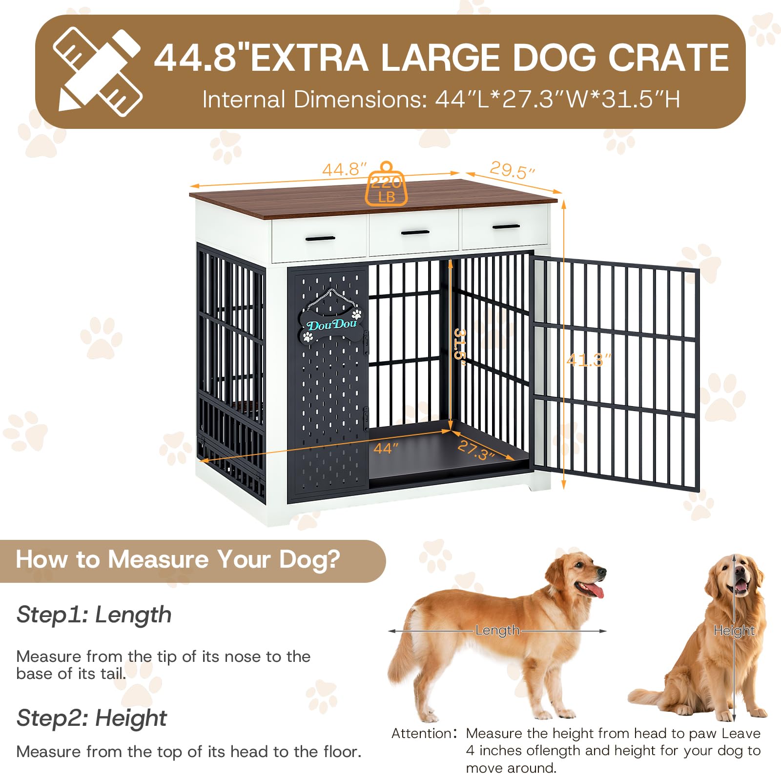HOTAMO 45" Dog Crate Furniture for Large Dogs, Heavy Duty Wooden Indoor Dog Kennel with 360° Rotating Bowls, 3 Drawers, Name Plate, Pull-Out Tray, Farmhouse End Table, White & Walnut