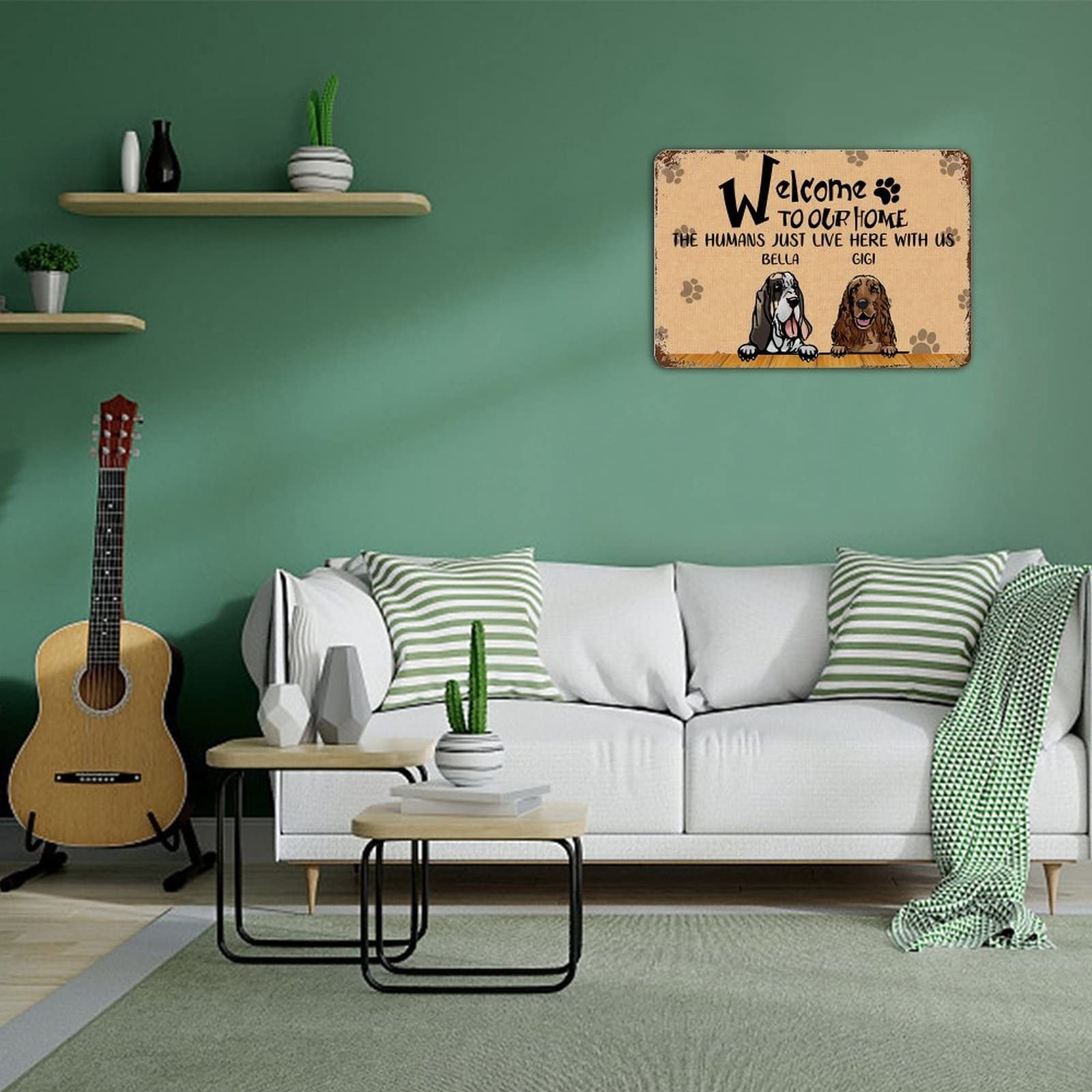 Welcome to Our Home,The Humans Just Live Here with Us Paw Prints Retro Metal Tin Sign Personalized Dog Name Metal Tin Sign Perfect for Dog Lover Novelty Funny Posters Store Metal Signs Art Wall Decor