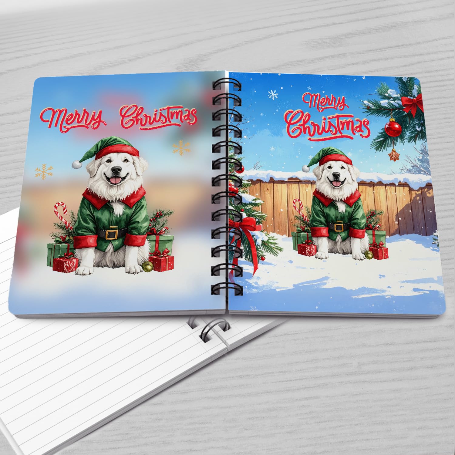 Ninety3POD Merry Christmas Woofmas Xmas Noel Great Pyrenees Elf Candy Cane Snow Spiral Bound Journal Pyr Dog Lover 5x7in Spiral Notebook 13017