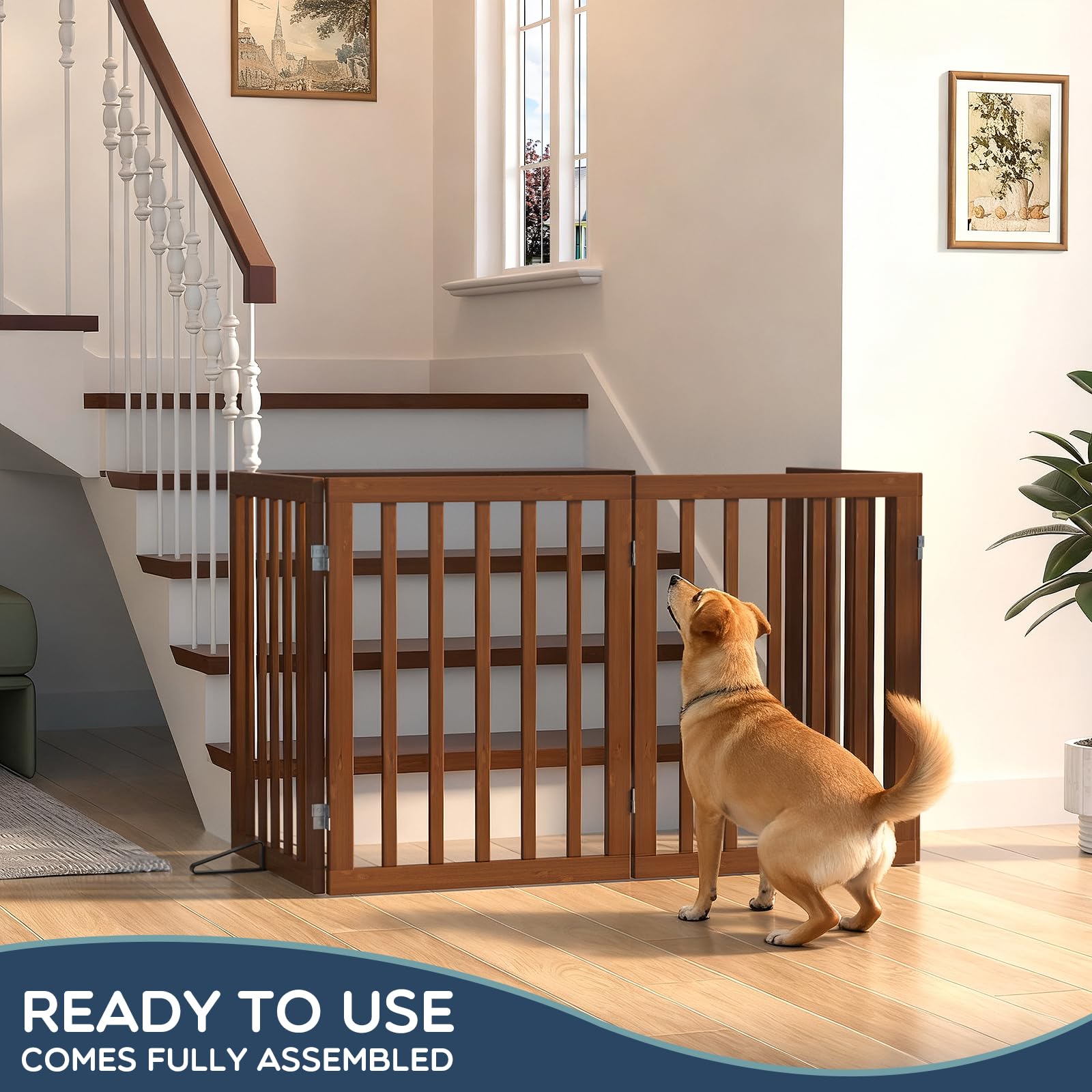 Homykic Bamboo Freestanding Dog Gate, No Assembly Pet Gate Indoor, 24”H x 75”W Extra Wide Foldable Puppy Barrier Fence with Support Feet for the House, Doorways Stairs, 4 Panels, No Drillings, Walnut