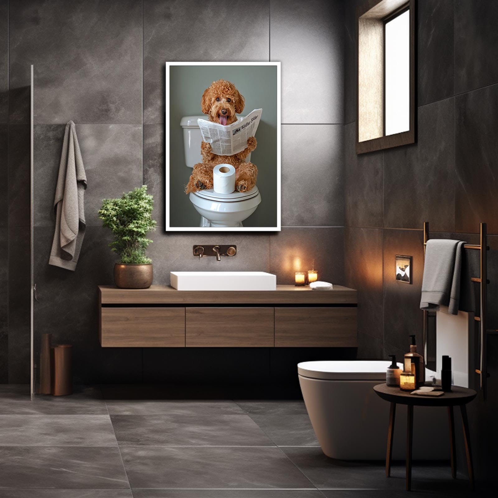 Golden Doodle Dog Bathroom Decor Canvas Wall Art Print Poster Funny Bathroom Decor Printing Humorous Animal For Dog Lovers Room Aesthetics 12X16 in Unframed
