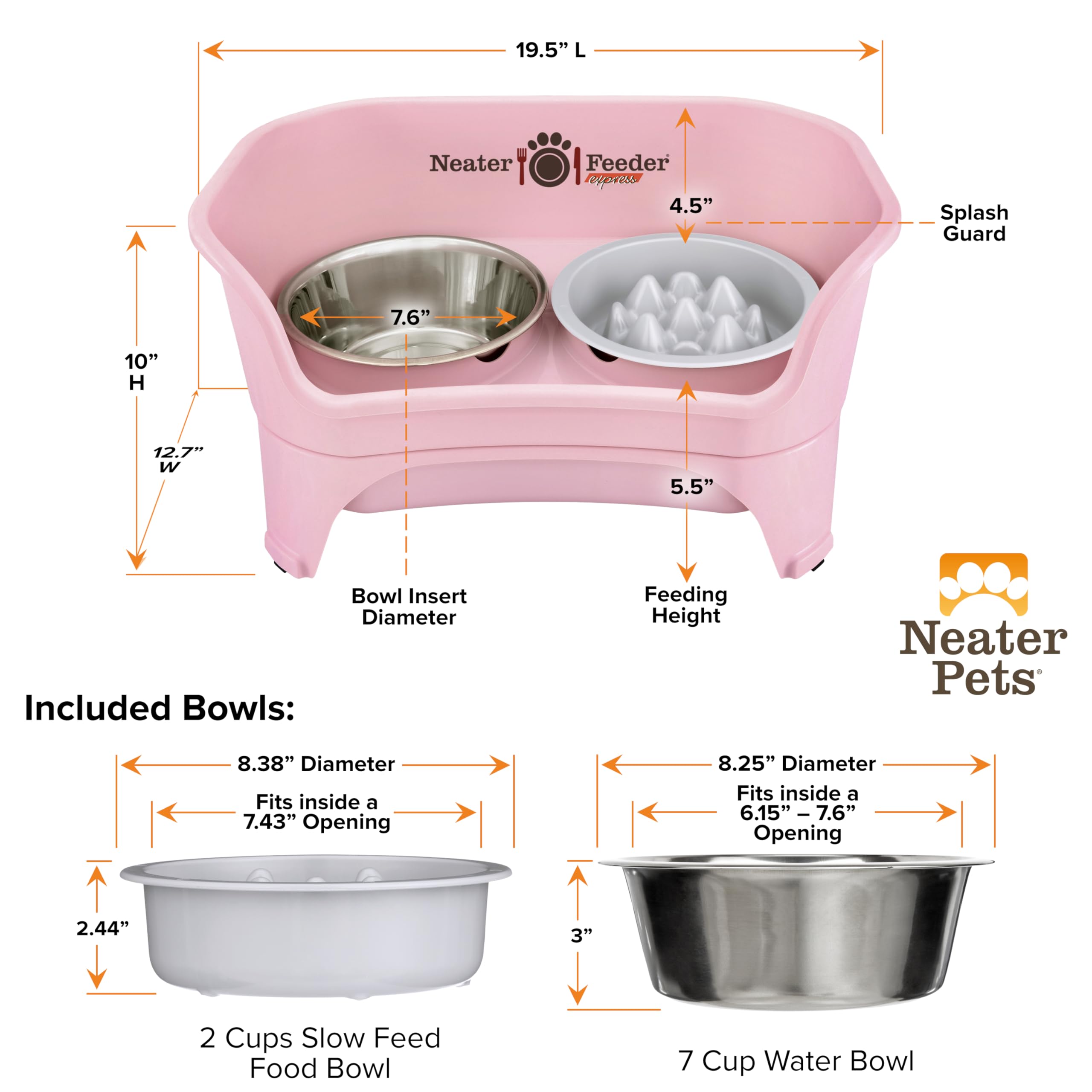 Neater Feeder Express Mess Proof Dog Bowls Elevated for Medium and Large Breed – Made in USA – No Spill Raised Slow Feeder Elevated Dog Bowl Stand, Slow Feed Food and Water Bowl Set, Pink