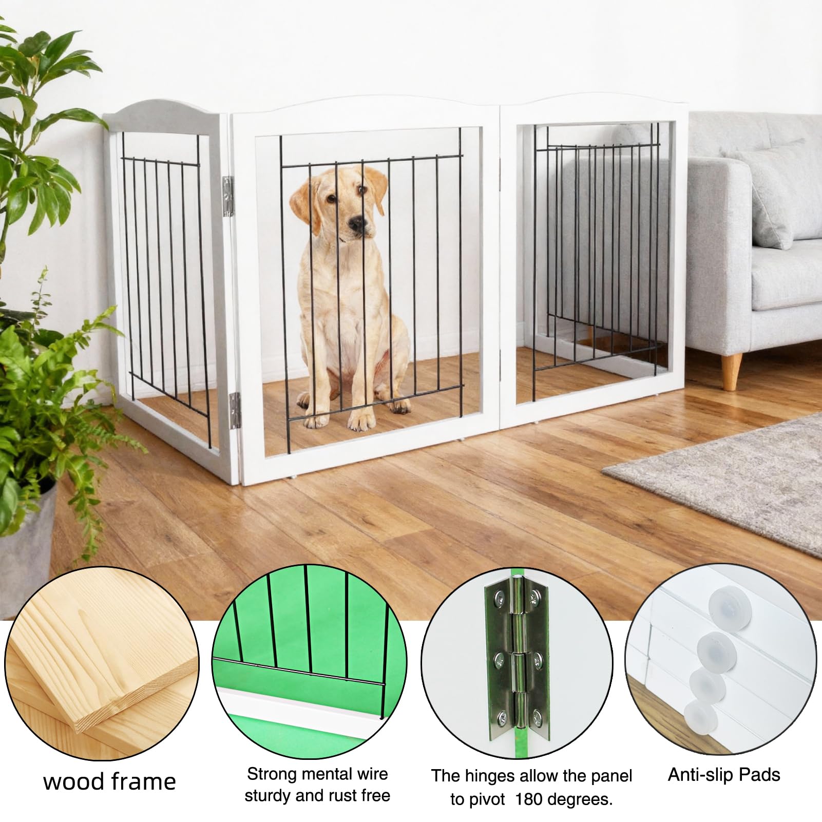 ZJSF Freestanding Foldable Dog Gate for House Extra Wide Wooden White Indoor Puppy Gate Stairs Dog Gates Doorways Tall Pet Gate 4 Panels Fence