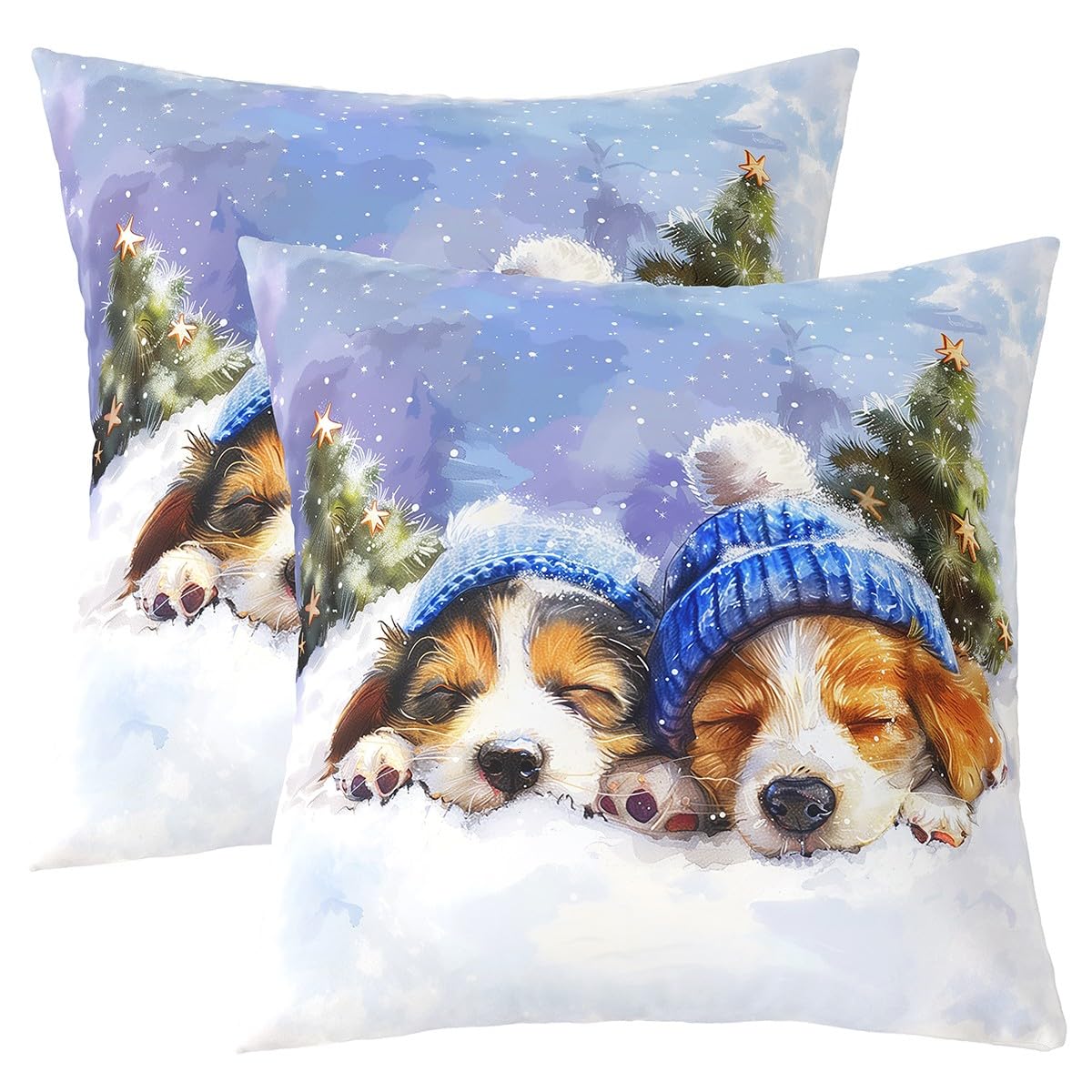 Manfei Lovely Puppies Throw Pillow Covers Set of 2 Merry Christmas Snow Cushion Covers for Couch Sofa Cute Dog Winter Style Decorative Pillowcases Blue White Orange Outdoor Pillows Covers,16"x16"