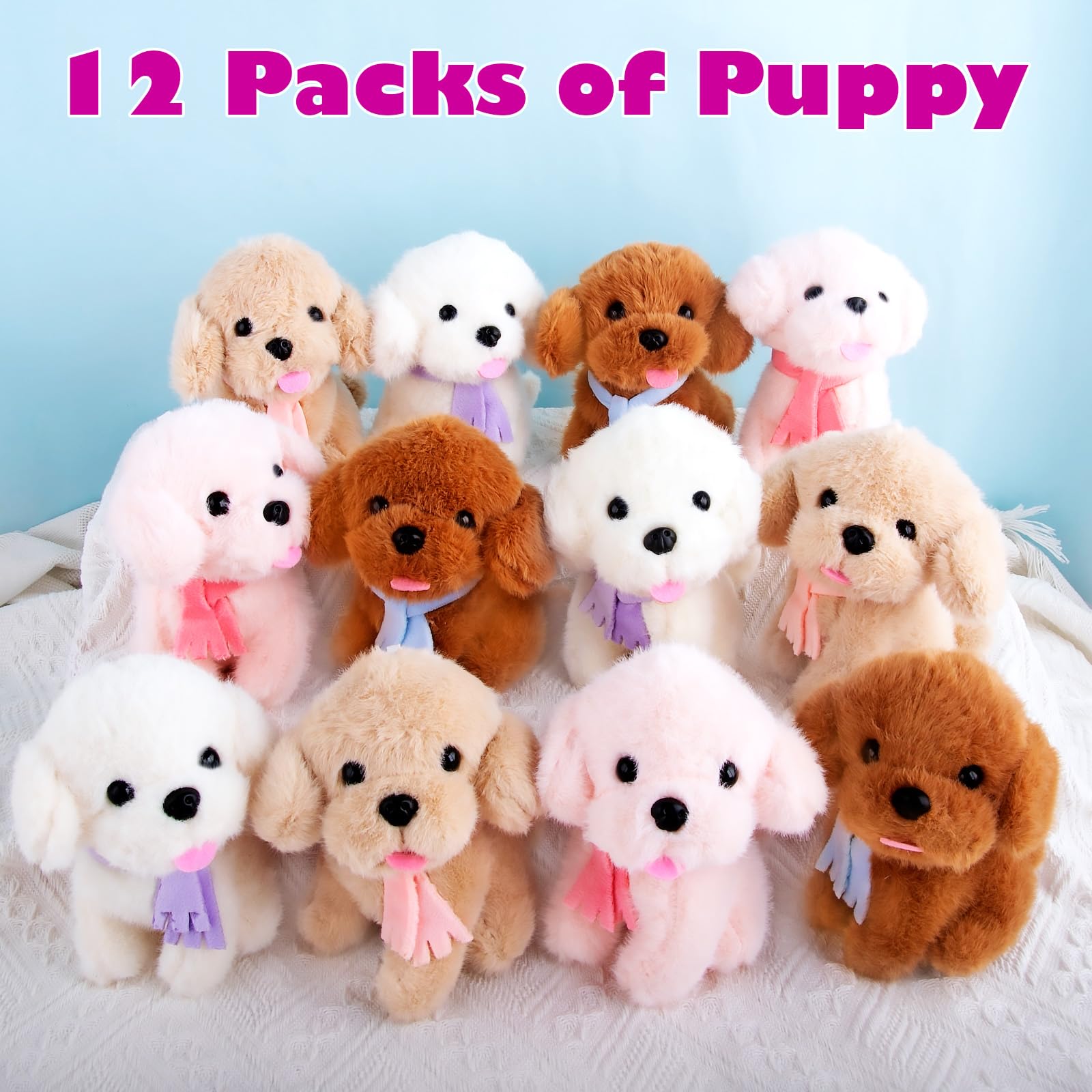 Niceup 12PCS Scarf Dog Stuffed Animals 4.5in Small Sitting Puppy Plush Pet Adoption Party Favors White Pink Khaki Brown Pup Toys for Kids Adult Gift Halloween Costume Christmas Stock Stuffers