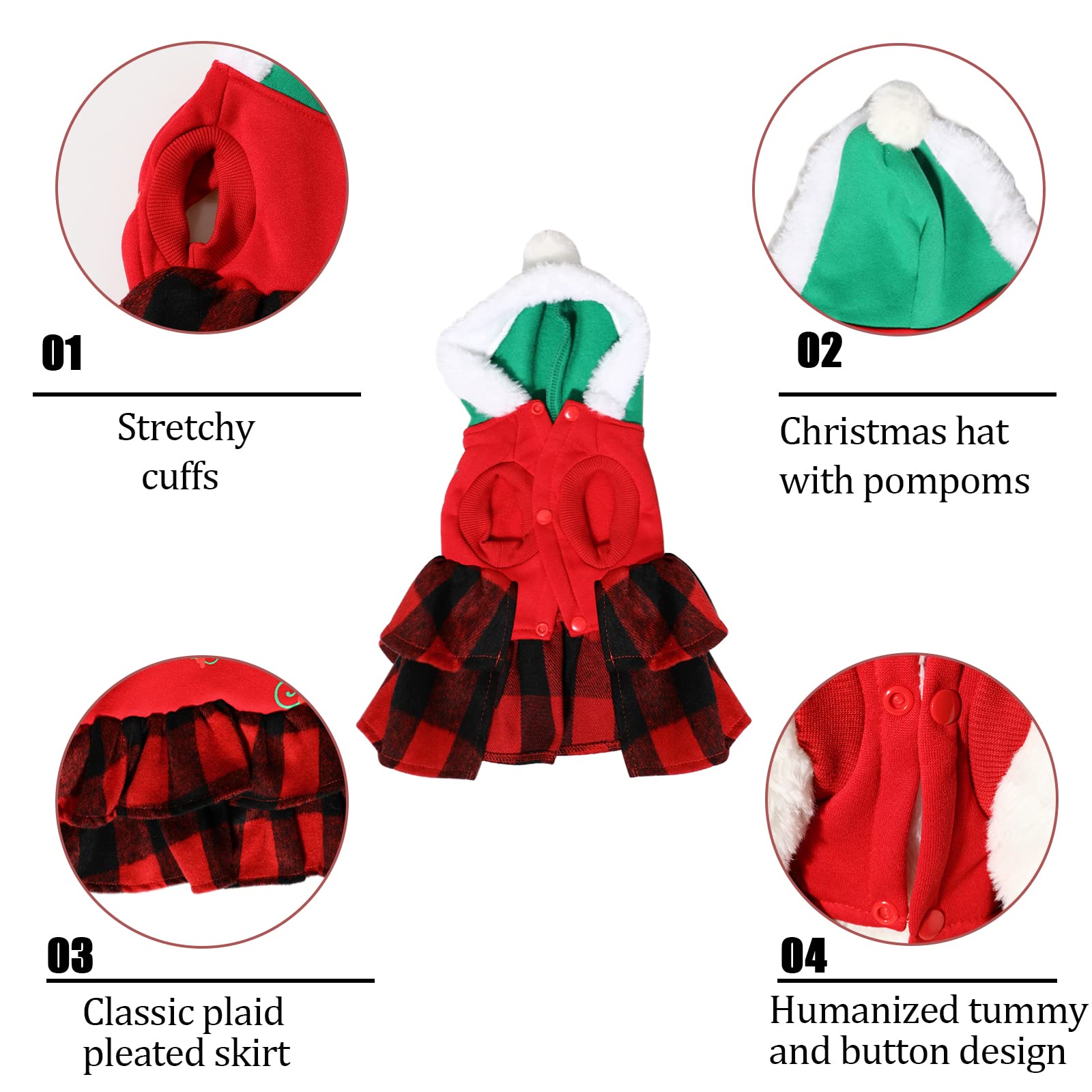 SGQCAR Christmas Plaid Dog Dress Hoodie Pet Clothes Printed Sweater Puppy Hooded Sweatshirt Cold Weather Doggie Coats for Small Medium Dogs Cats