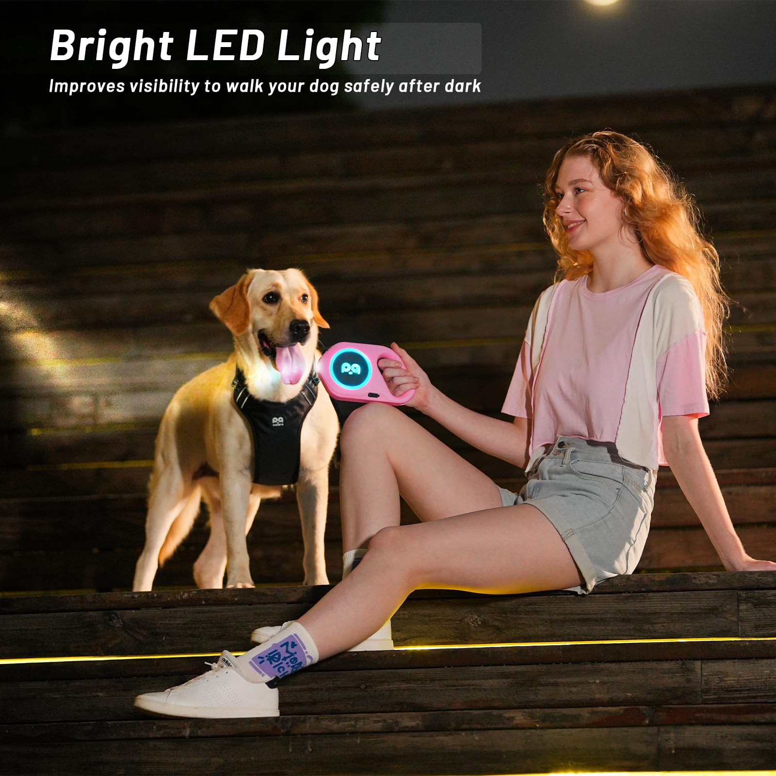 QQPETS Retractable Dog Leash with Rechargeable LED Light - 16 ft Strong Nylon Tape for Night Walks up to 88lbs Pet - 360° Tangle-Free One-Handed Brake, Pause, Lock (Pink)