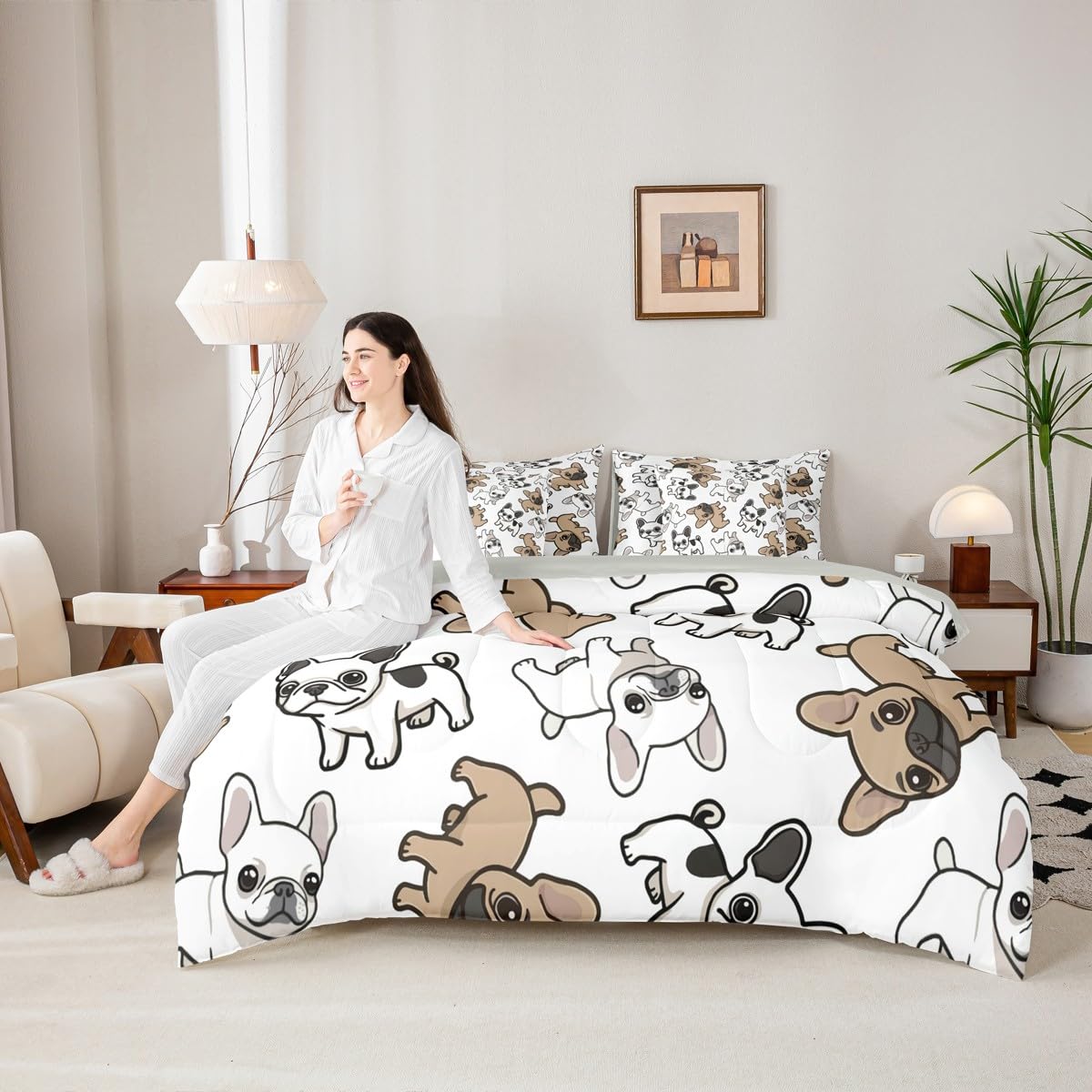 Manfei French Bulldogs Full Size Comforter,Cute Cartoon Animal Bedding Set 7 Piece, Pet Dog Lover Puppy Decor for Boys Girls,Brown White（Fitted+Sheet+2 Pillowcases+2 Throw Pillow Covers）