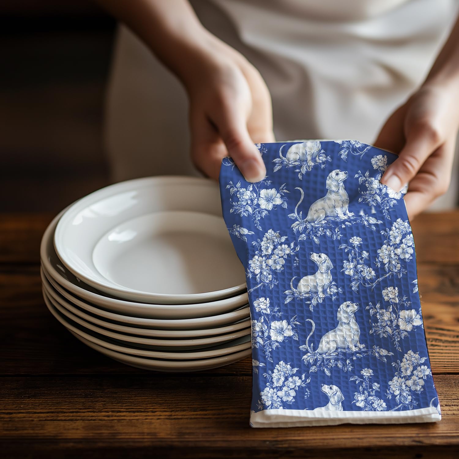 EKGJW Chinoiserie Dachshund Kitchen Towels, Dachshund Weiner Dog Lover Gifts Dish Tea Towels for Kitchen Decor, Grandmillennial Weiner Dog Decorative Hand Towels for Bathroom, 16x24 Inch