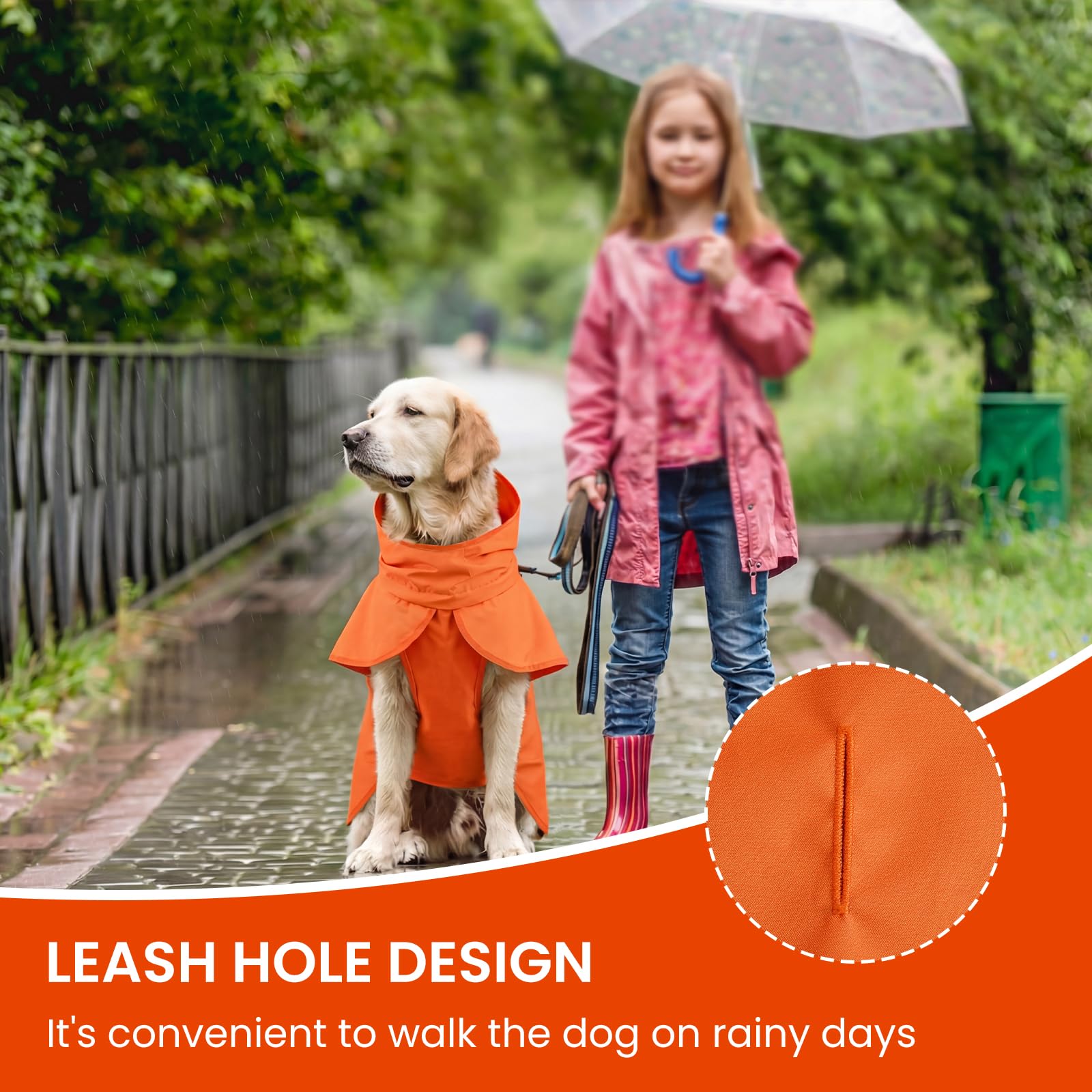 BRKURLEG Dog Raincoat for Small Medium and Large Dogs Waterproof Dog Rain Jacket Adjustable Hooded Dogs Raincoat Pet Rain Coat Poncho with Leash Hole, Reflective Strip, Orange, M