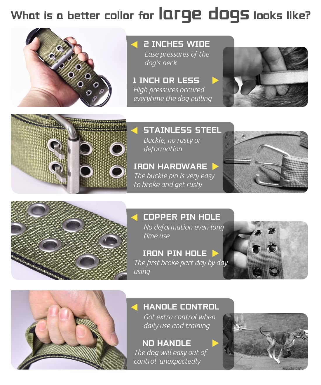 Large Dog Collar Heavy Duty - 2 inch Wide with Handle for Extra Large Breed Dogs, 1/3" Thick Nylon Chew Proof Tactical Collar, Good Choice for German Shepherd,Pitbull,Rottweiler,Green,13.5-19 in