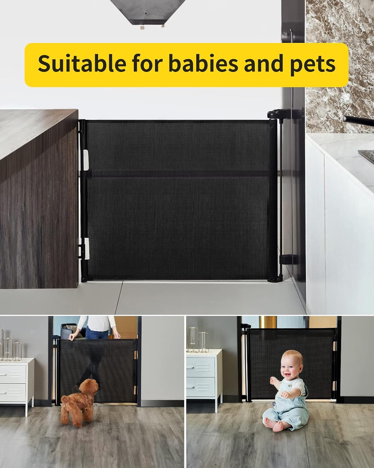dearlomum Retractable Baby Gate,Mesh Baby Gate or Mesh Dog Gate,33" Tall,Extends up to 55" Wide,Child Safety Gate for Doorways, Stairs, Hallways, Indoor/Outdoor（Black,33"x55")