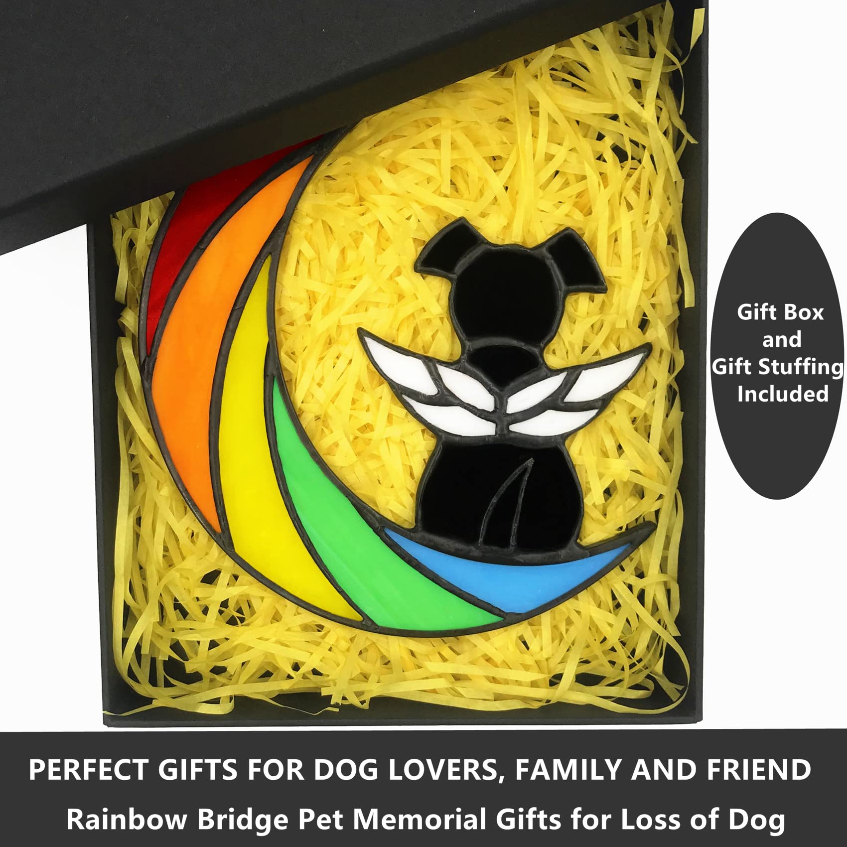 Lcensp Stained Glass Rainbow Bridge Dog Memorial Gifts for Loss of Dog Sympathy Remembrance Suncatcher, Angel Wings Pet Loss Bereavement Gifts in Memory of Pet Passing Away Window Hanging.