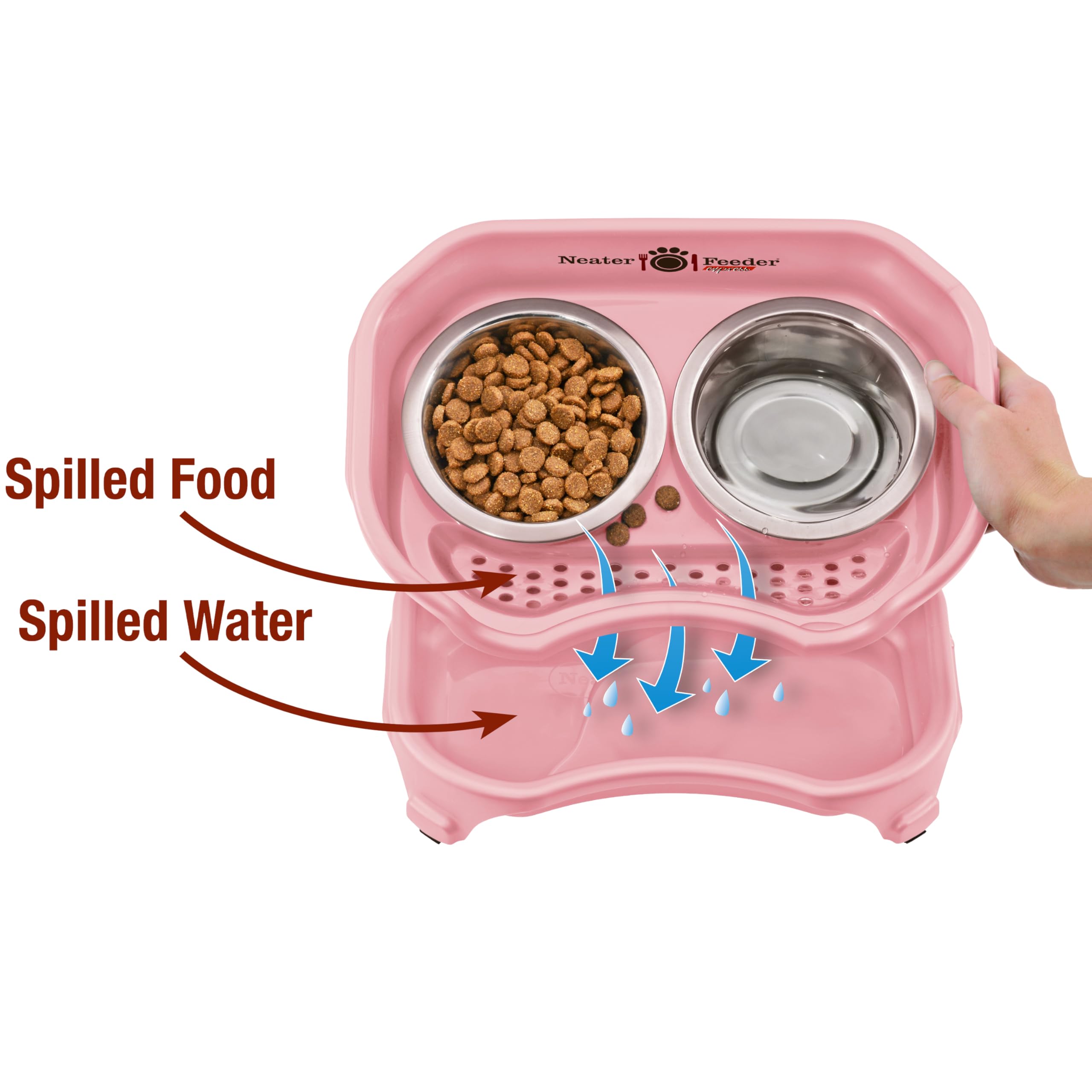 Neater Feeder Express Mess Proof Dog Bowls Elevated for Small Breeds Under 15 Lb, Made in USA, No Spill Raised Dog Food Bowl Stand, Stainless Steel Food and Water Bowl Set, Feeding Station, Pink
