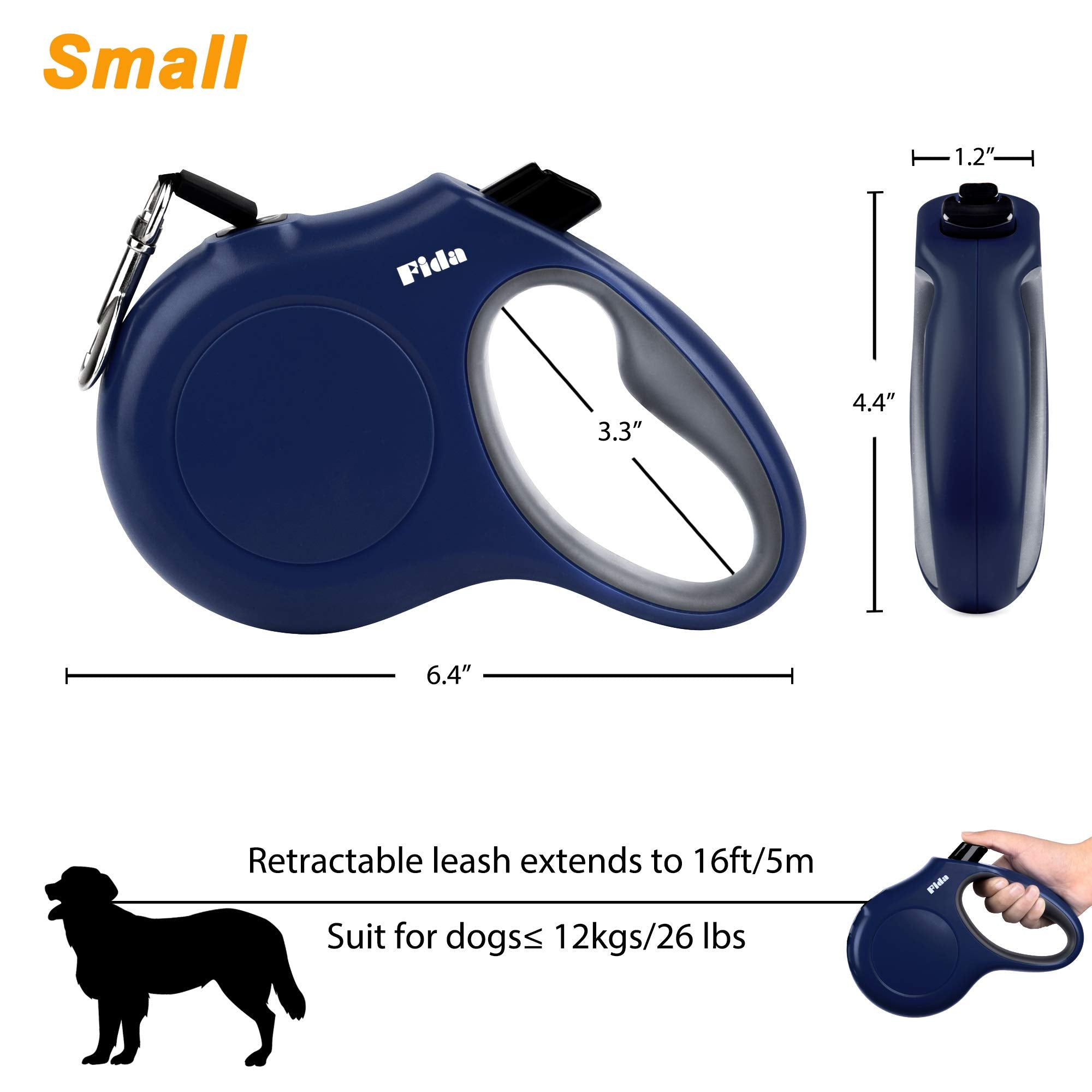 Fida Retractable Dog Leash with Dispenser and Poop Bags, 16 ft Pet Walking Leash for Small Dog or Cat up to 26 lbs, Anti-Slip Handle, Tangle-Free, Reflective Nylon Tape (S, Navy Blue)