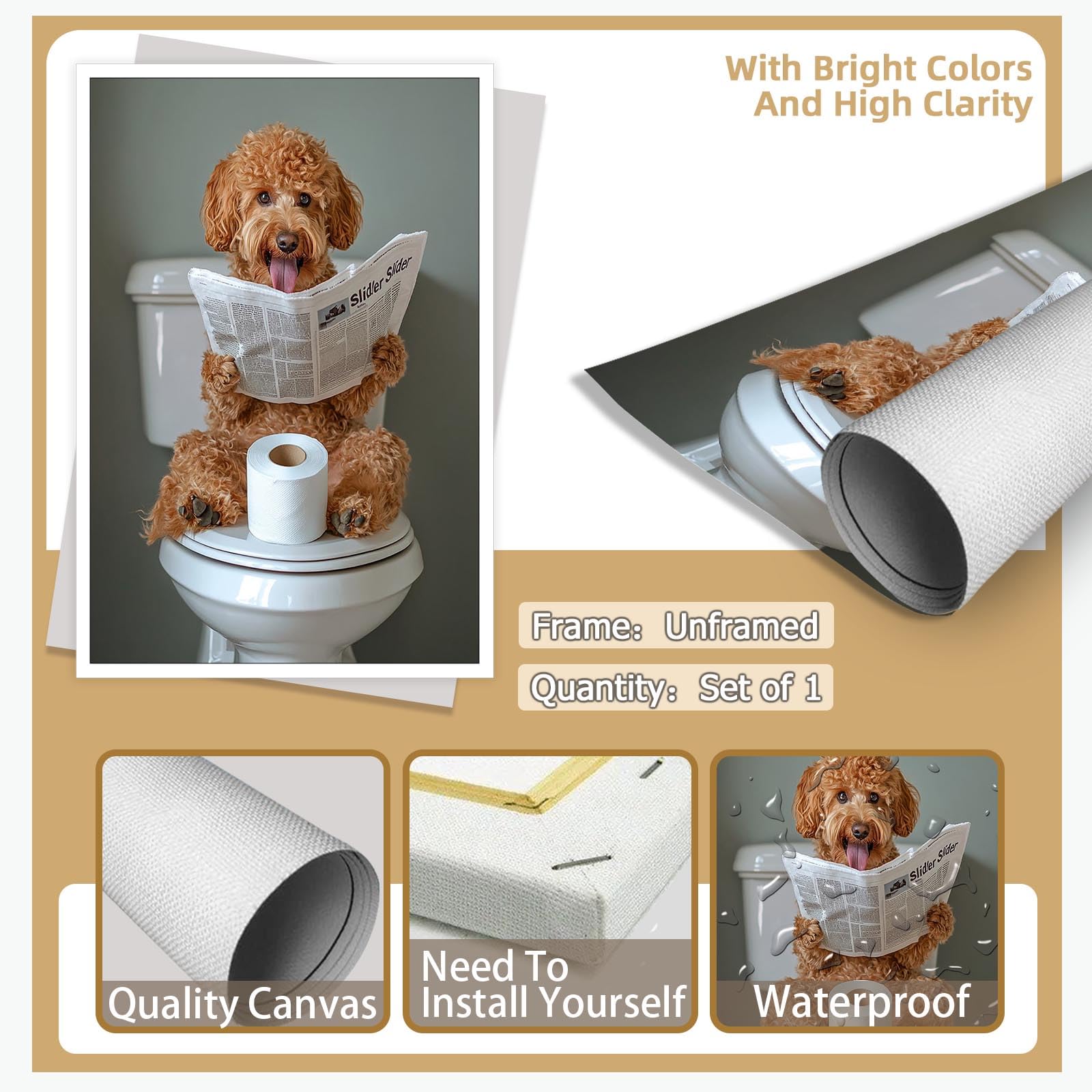 Golden Doodle Dog Bathroom Decor Canvas Wall Art Print Poster Funny Bathroom Decor Printing Humorous Animal For Dog Lovers Room Aesthetics 12X16 in Unframed