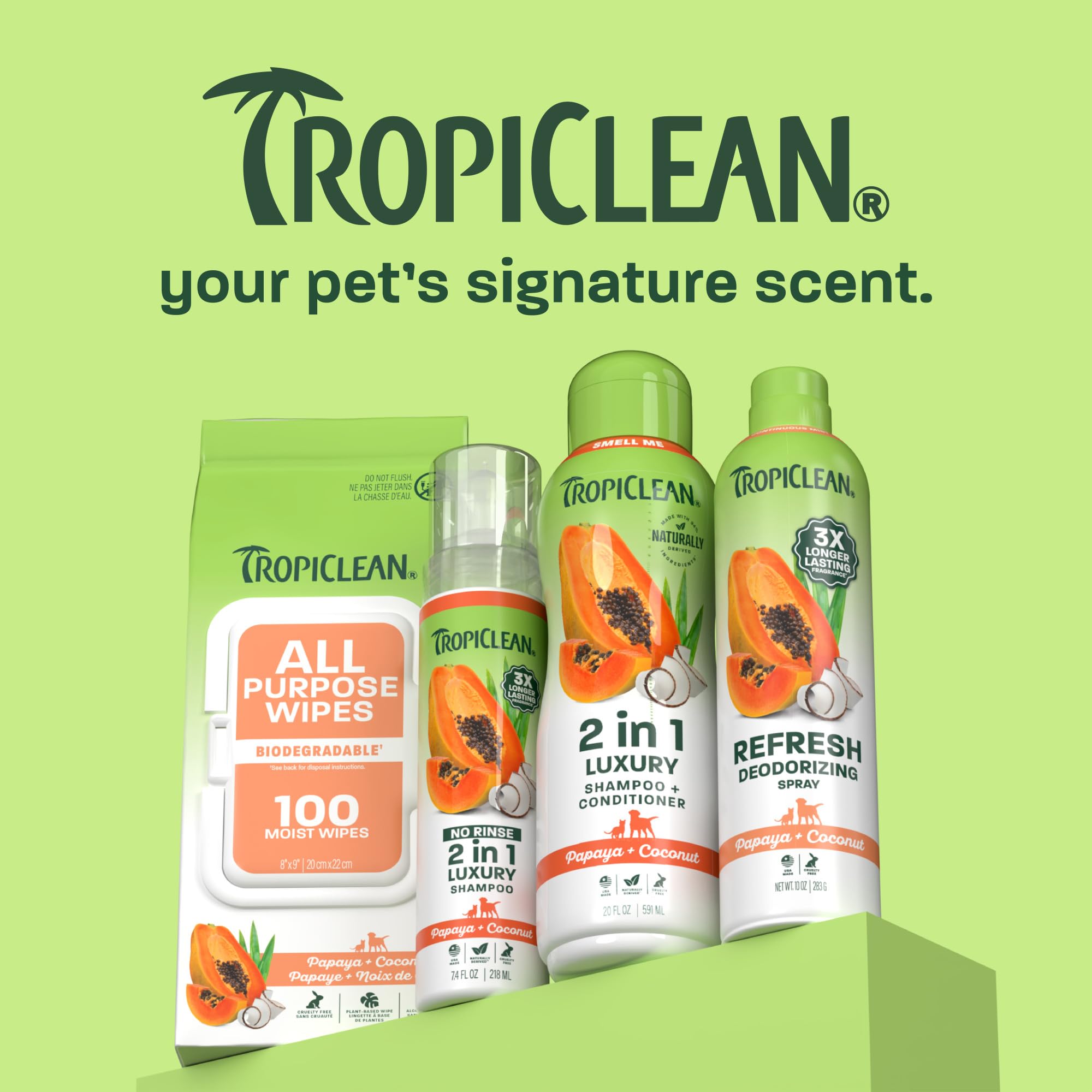 TropiClean Dog Perfume, Papaya Scented Dog Deodorizing Spray, 3X Long-Lasting Scent, After Bath Cologne & Detangling Spray with Vitamin E, 10oz.