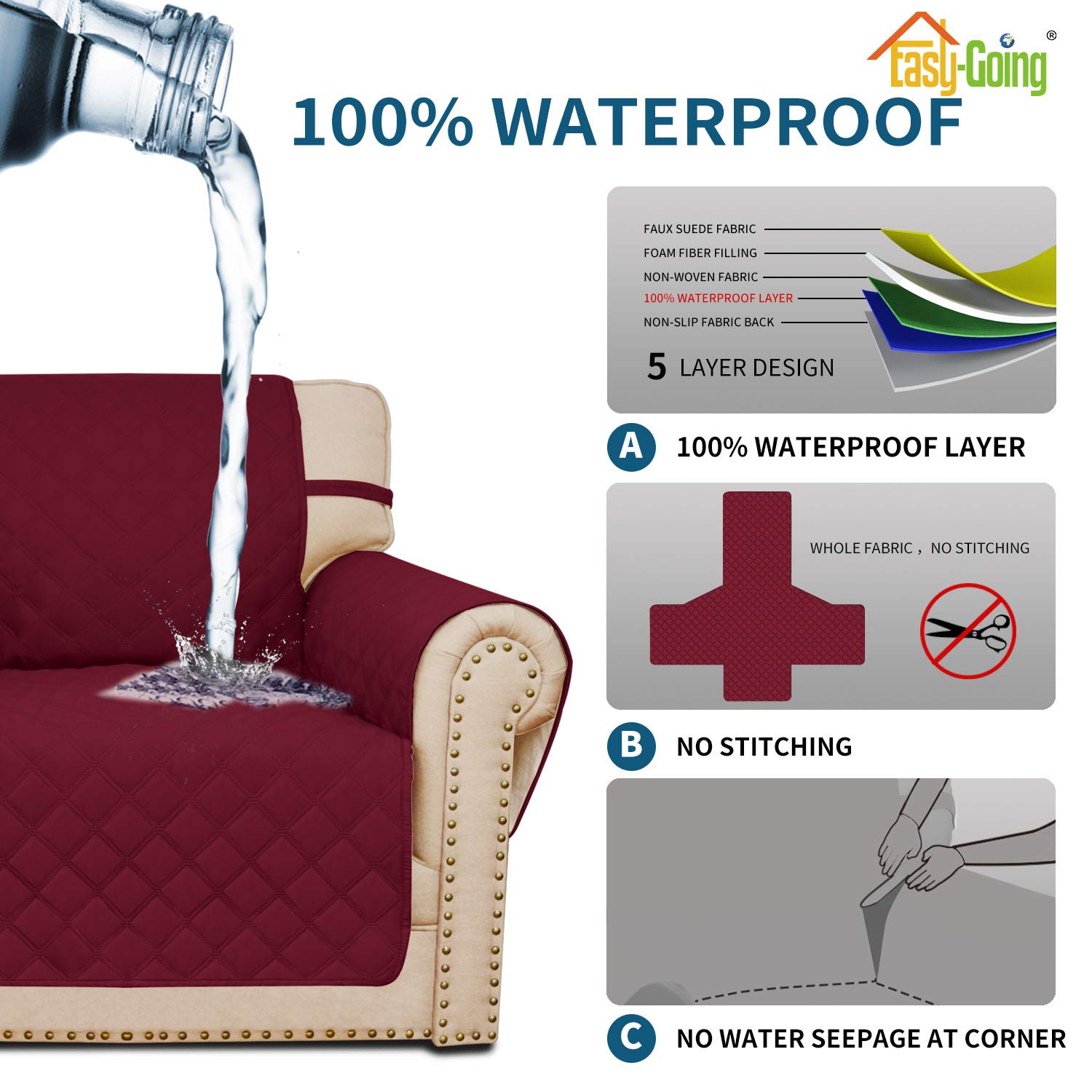 Easy-Going Sofa Slipcover Waterproof Couch Cover for 3 Cushion Couch Sofa Cover Furniture Protector Cover Pets Covers Washable Non-Slip Fabric Pets Kids Children Dog Cat (Sofa, Wine)