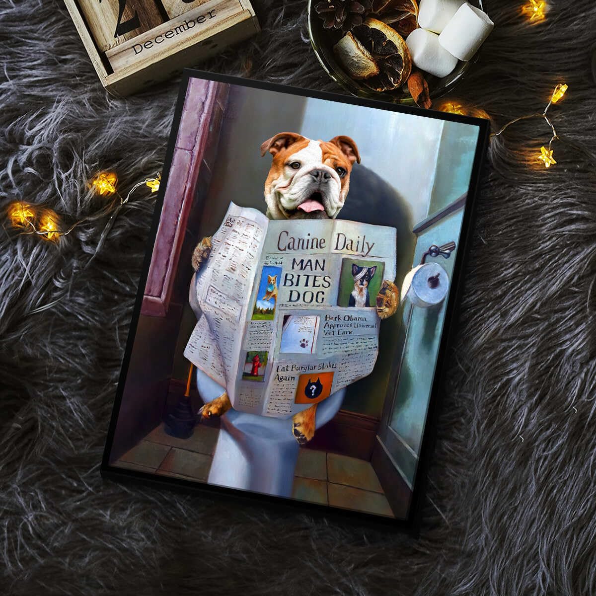Generic Custom Dog Read Newspaper in Toilet Custom Portrait Canvas & Poster, Funny Pet Portrait Wall Art, Gift for Pet Lover