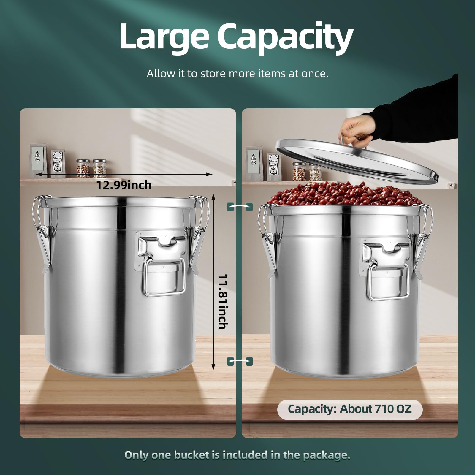 Fioiuetx 21L/5.6Gal Stainless Steel Kitchen Canister, Large Canisters Container, Flour Containers Airtight Canister with Silicone Sealing Lid