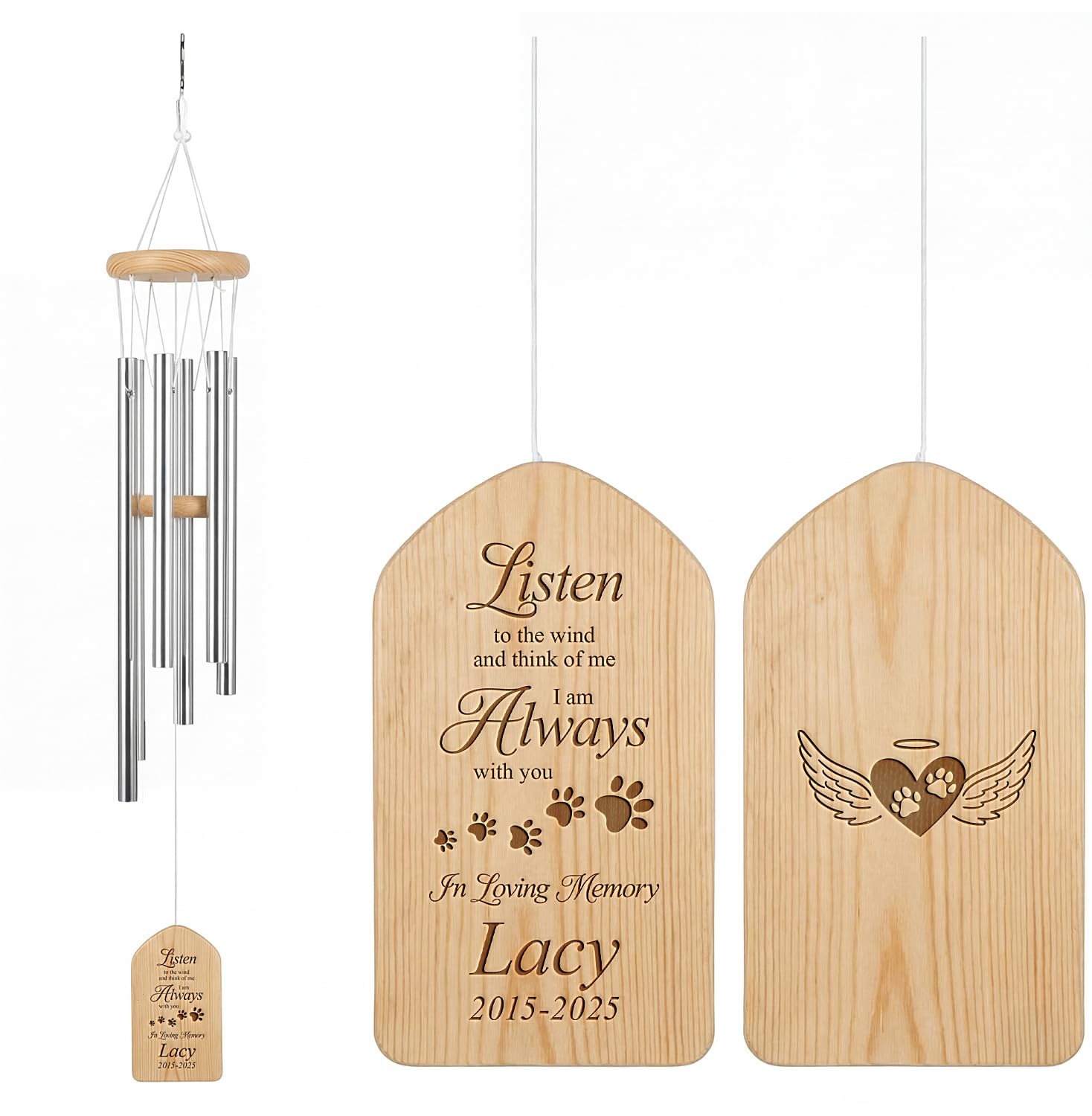 Pet Memorial Wind Chimes - Dog Bereavement Gifts for Loss of Pet - 26” Personalized Memorial Windchime - Sympathy Present for Pet Loss - Dog Remembrance Gift - Light Wood Custom Wind Catcher