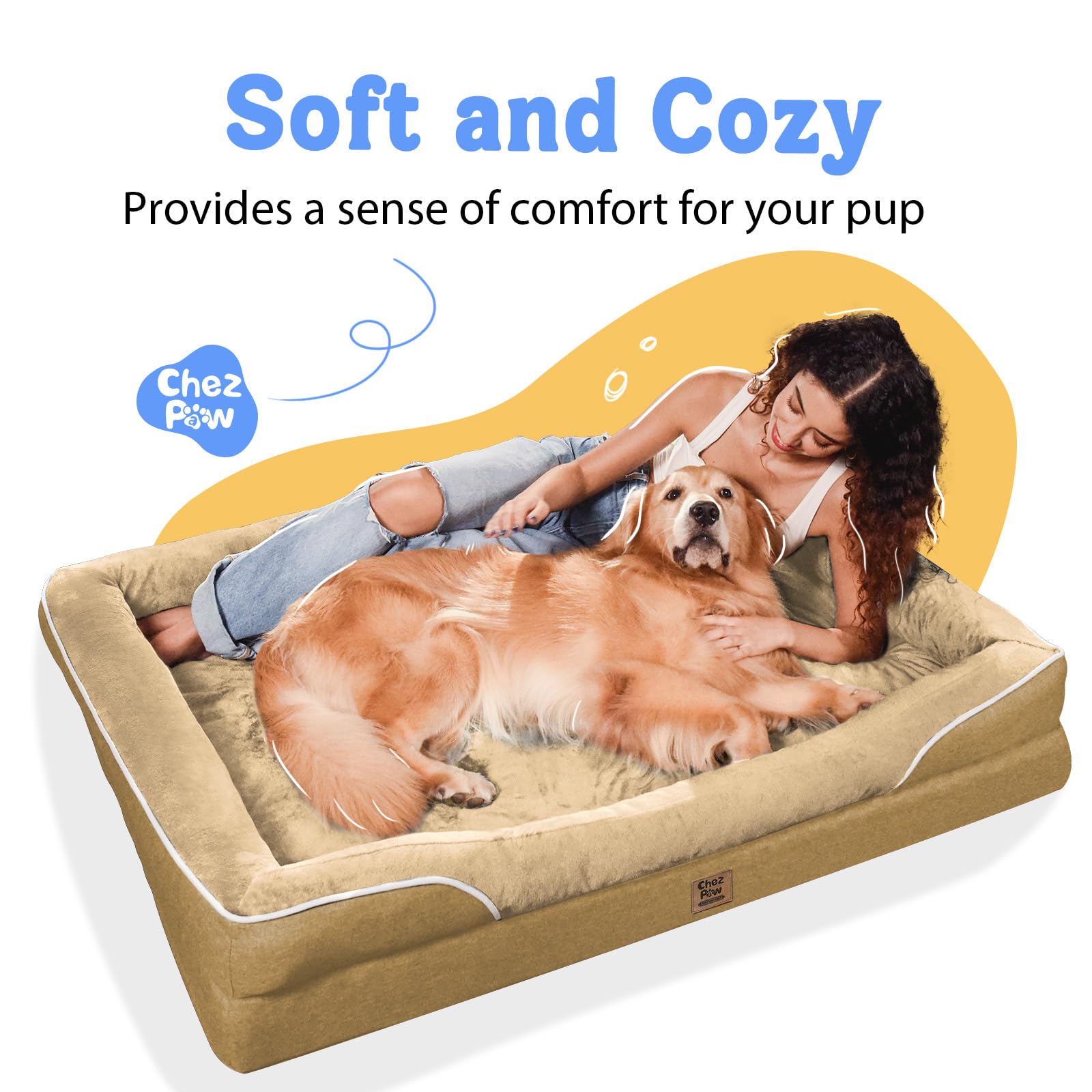 Orthopedic XL Large Dog Bed - Removable Bolster & Waterproof Washable Cover for Pet Extra Large Bed with Foam Support Non-Slip Bottom Dog Beds