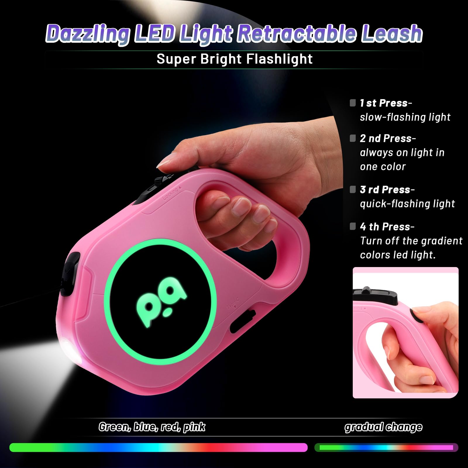 QQPETS Retractable Dog Leash with Rechargeable LED Light - 16 ft Strong Nylon Tape for Night Walks up to 88lbs Pet - 360° Tangle-Free One-Handed Brake, Pause, Lock (Pink)