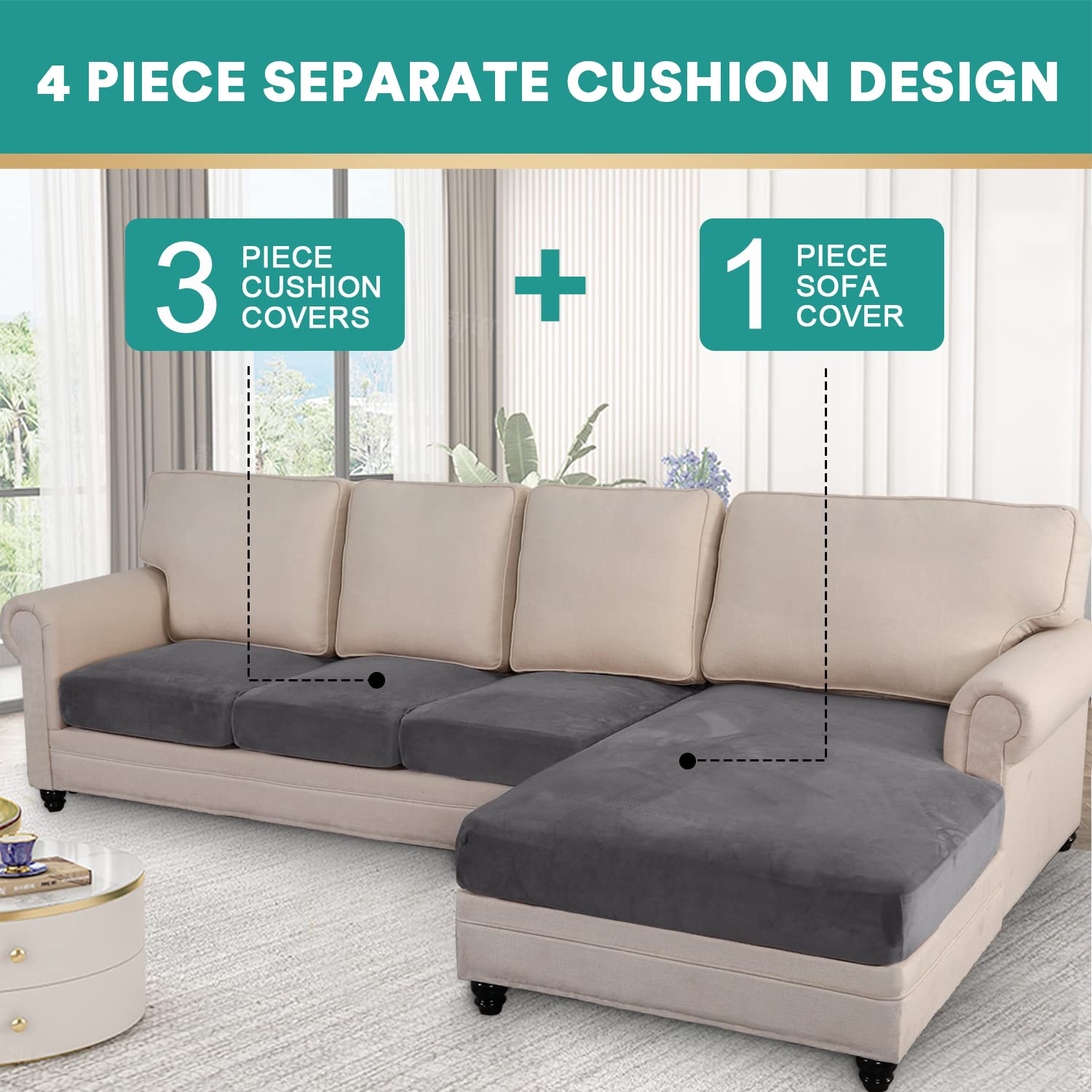MIFXIN Sectional Couch Covers 4 Piece Stretch Velvet Sofa Seat Cushion Cover Set L Shape Separate Cushion Chaise Slipcover Furniture Protector for Both Left/Right Sectional Couch (Grey)