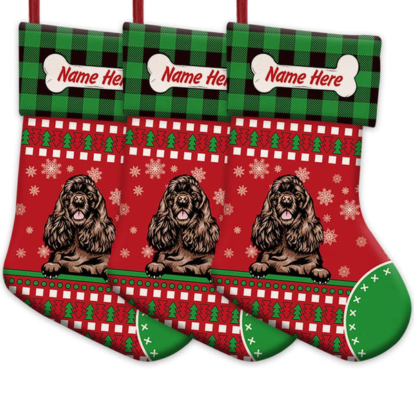 MALIHONG 3 Pack Customize Merry Christmas Red Stockings with Cute Dog Cocker Spaniel Bone Green Buffalo Plaid Snowflake 14.4"