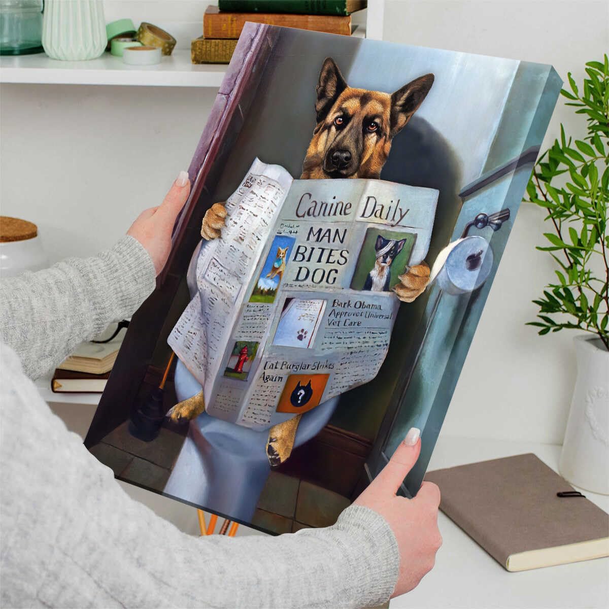 Generic Custom Dog Read Newspaper in Toilet Custom Portrait Canvas & Poster, Funny Pet Portrait Wall Art, Gift for Pet Lover