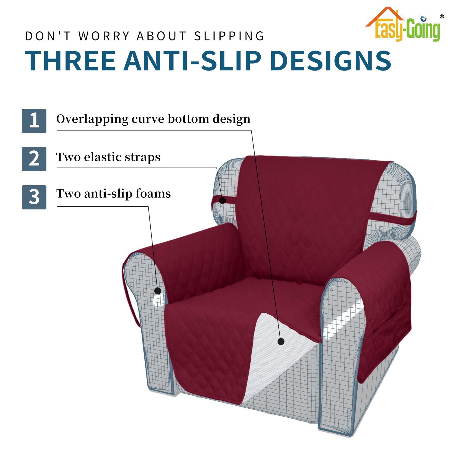 Easy-Going Sofa Slipcover Waterproof Couch Cover for 3 Cushion Couch Sofa Cover Furniture Protector Cover Pets Covers Washable Non-Slip Fabric Pets Kids Children Dog Cat (Sofa, Wine)