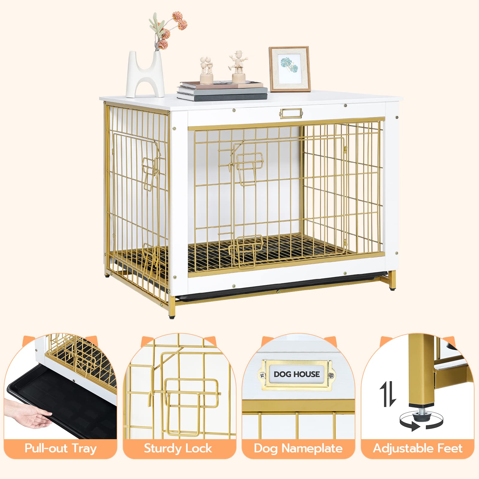 HOOBRO Dog Crate Furniture, 32.5" Medium Dog Kennel Indoor, Wooden Cage with Pull-Out Tray, Double Doors Pet House Side End Table for Medium/Small Dogs, White DW802GW03