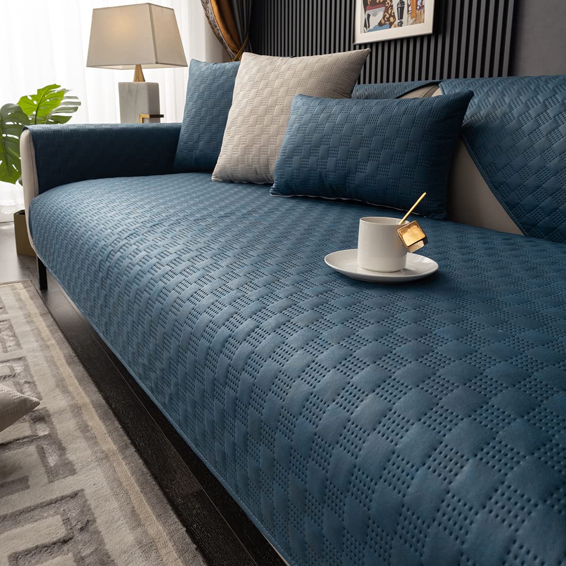 vctops Luxury Water Resistant Quilted Sofa Cover Faux Suede Plaid Sectional Couch Cover Anti-Slip Sofa Slipcover for Dogs, Children, Pets Furniture Protector (Dark Blue,36"x36")