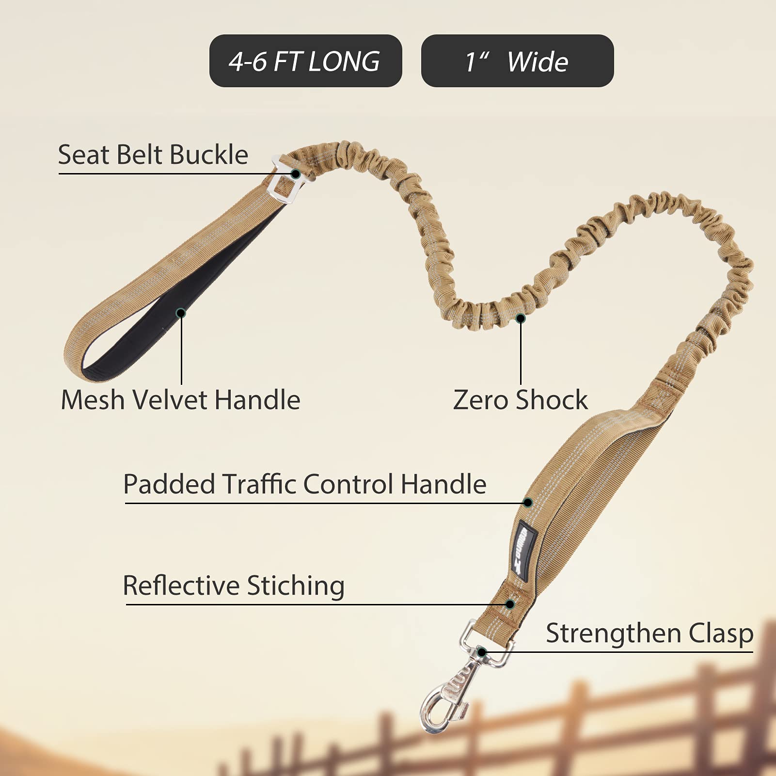 BUMBIN 6Ft Dog Leash Large Dogs, Bungee Dog Leash with 2 Handles, Heavy Duty Leashes for Medium Small Dogs, No Pull Shock Absorbing ，with Car Seat Belt for Training, Brown