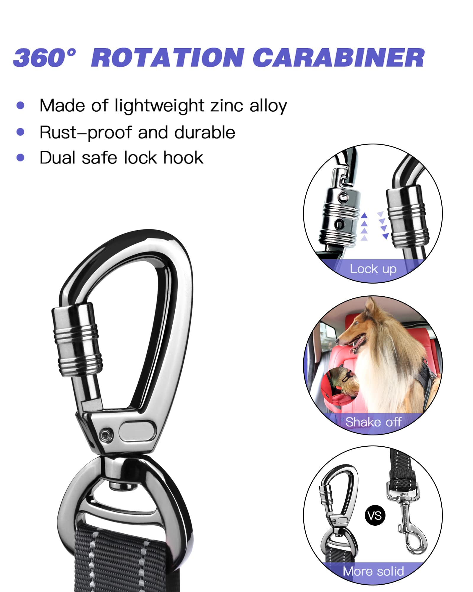 AUBELL Dog Seat Belt for Car,Updated 3-in-1 Adjustable Reflective Bungee Heavy Duty Dog Car Harness Tether with Clip Hook Latch & Buckle,Swivel Zinc Alloy Carabiner,Black