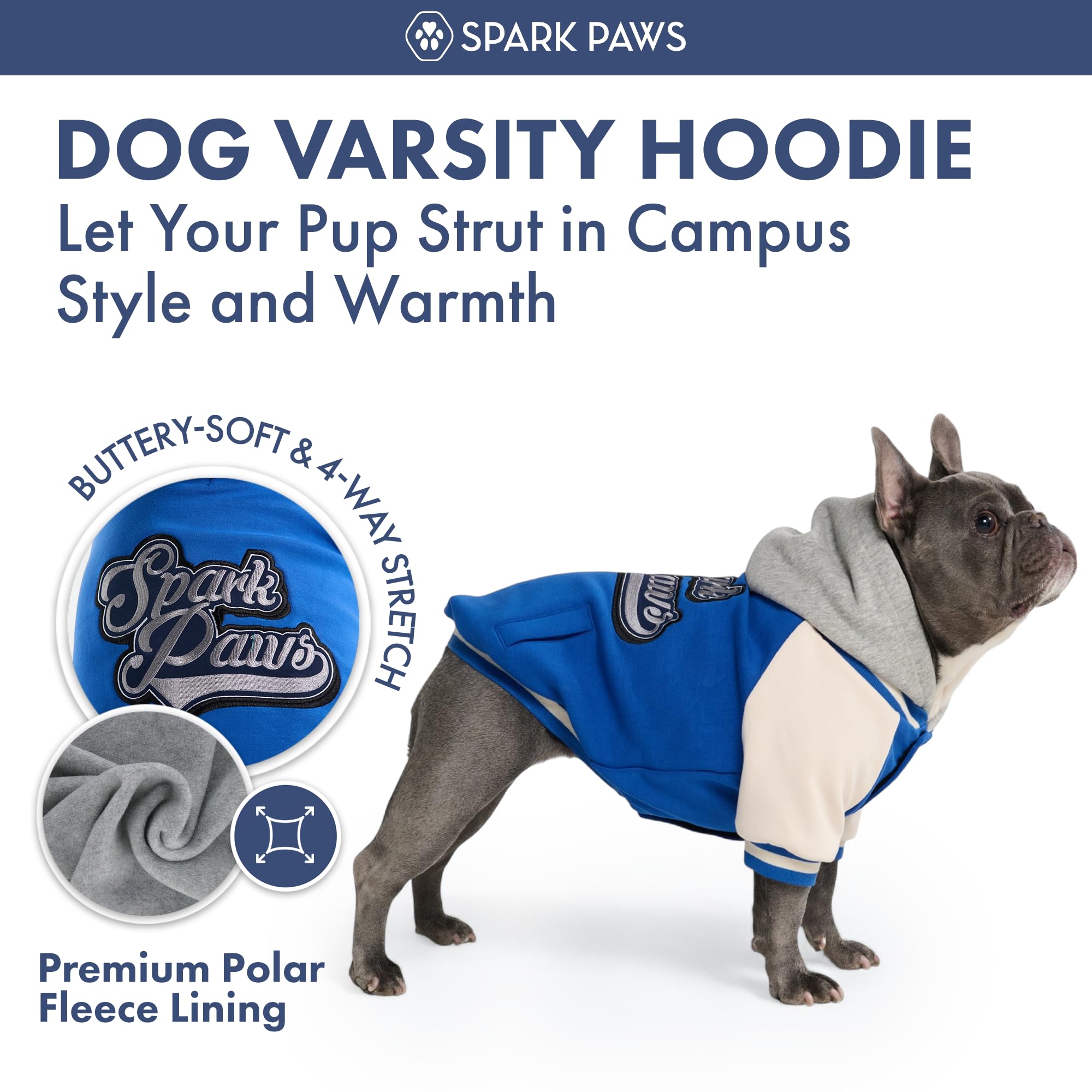 Spark Paws Varsity Dog Hoodie – Premium Dog Sweater for Small, Medium, and Large Dogs | Warm Clothes for Pets, Winter Jacket Alternative - Blue - XL