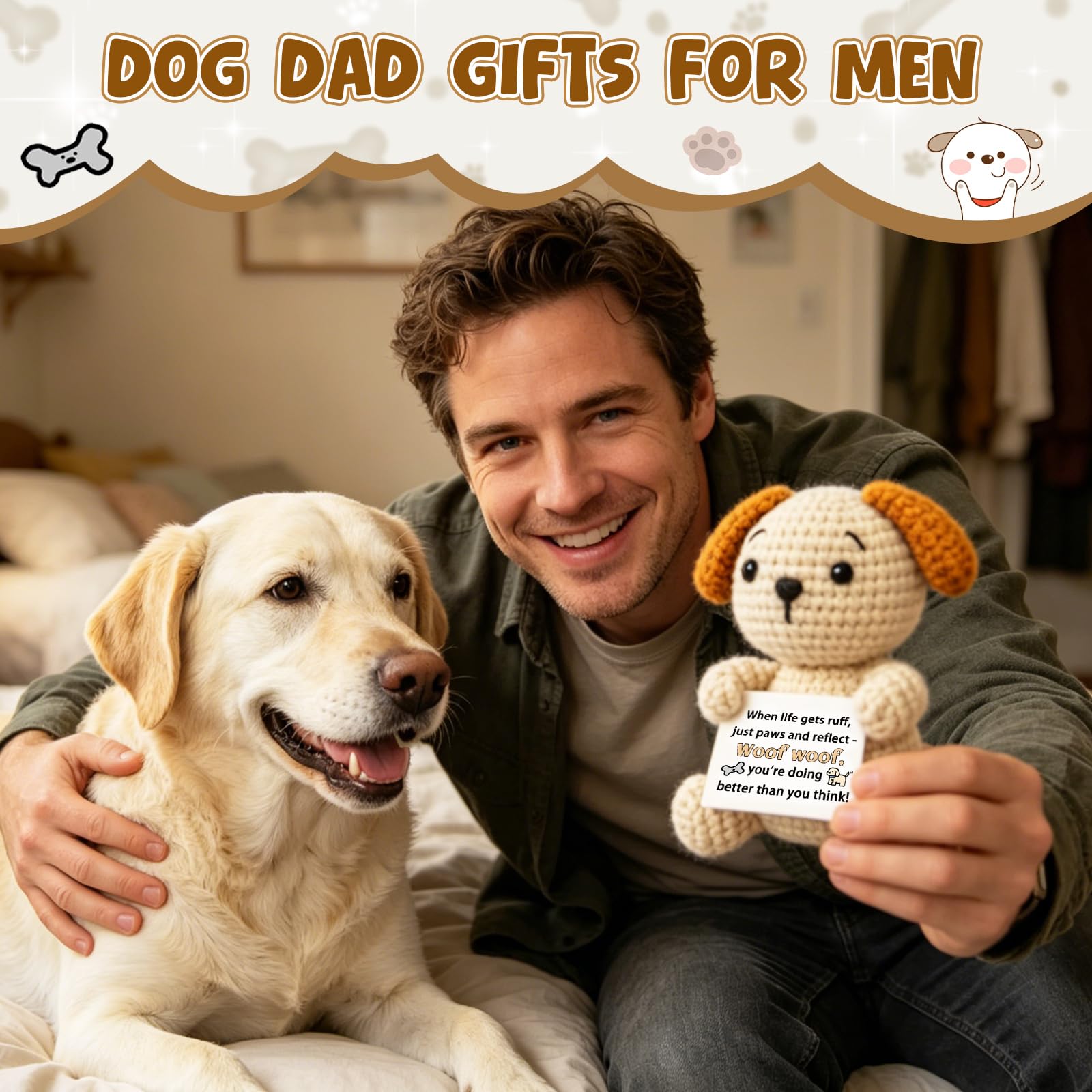 hixkvpen ﻿Dog Dad Gifts for Men from Daughter Son, Emotional Support Crochet Dog with Inspirational Card, Golden Retriever Stuffed Animal for Dog Lovers Women, Handmade