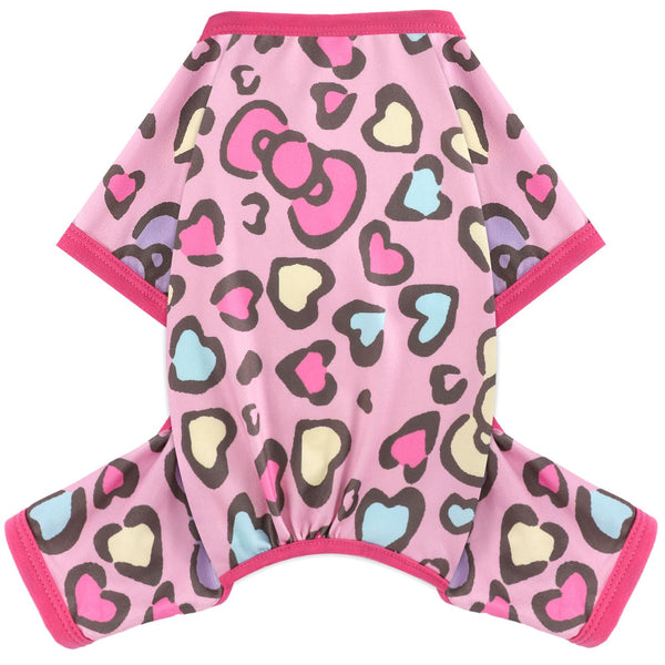 Yikeyo Dog Pajamas for Small Dogs,Stretchy Dog Pjs Clothes, Stretchy Puppy Jammies Onesie, 4 Legs Comfy Doggie Pjs, Lightweight Soft Puppy Outfit for Small Size Girl Boy(Pink Heart,M,Chest 14.9 in)