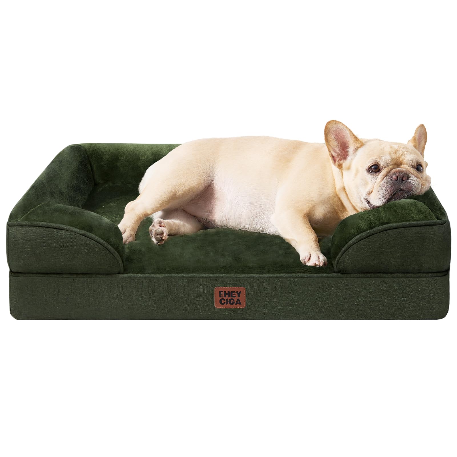 EHEYCIGA Orthopedic Dog Bed for Small Dogs, Waterproof Memory Foam Small Dog Beds with Sides, Non-Slip Bottom and Egg-Crate Foam Medium Pet Couch Bed with Washable Removable Cover, Dark Green