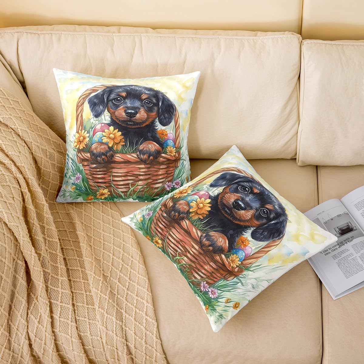 Cute Dog Throw Pillow Covers Set of 2 Happy Easter Eggs Cushion Covers for Couch Sofa Spring Style Lovely Puppy Decorative Pillowcases Soft Outdoor Pillows Covers,16"x16"