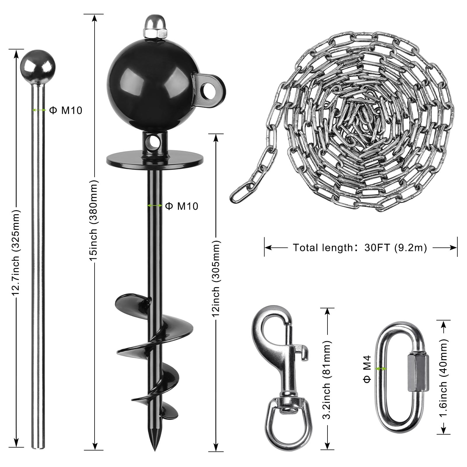 SELEWARE Dog Tie Out Stake Outdoor Anti-Rust Dog Anchor with Stainless Steel Dog Chain Leash for Large Dogs up to 100 lbs, Free Rotation Dog Stake Dog Camping Gear 30 ft A