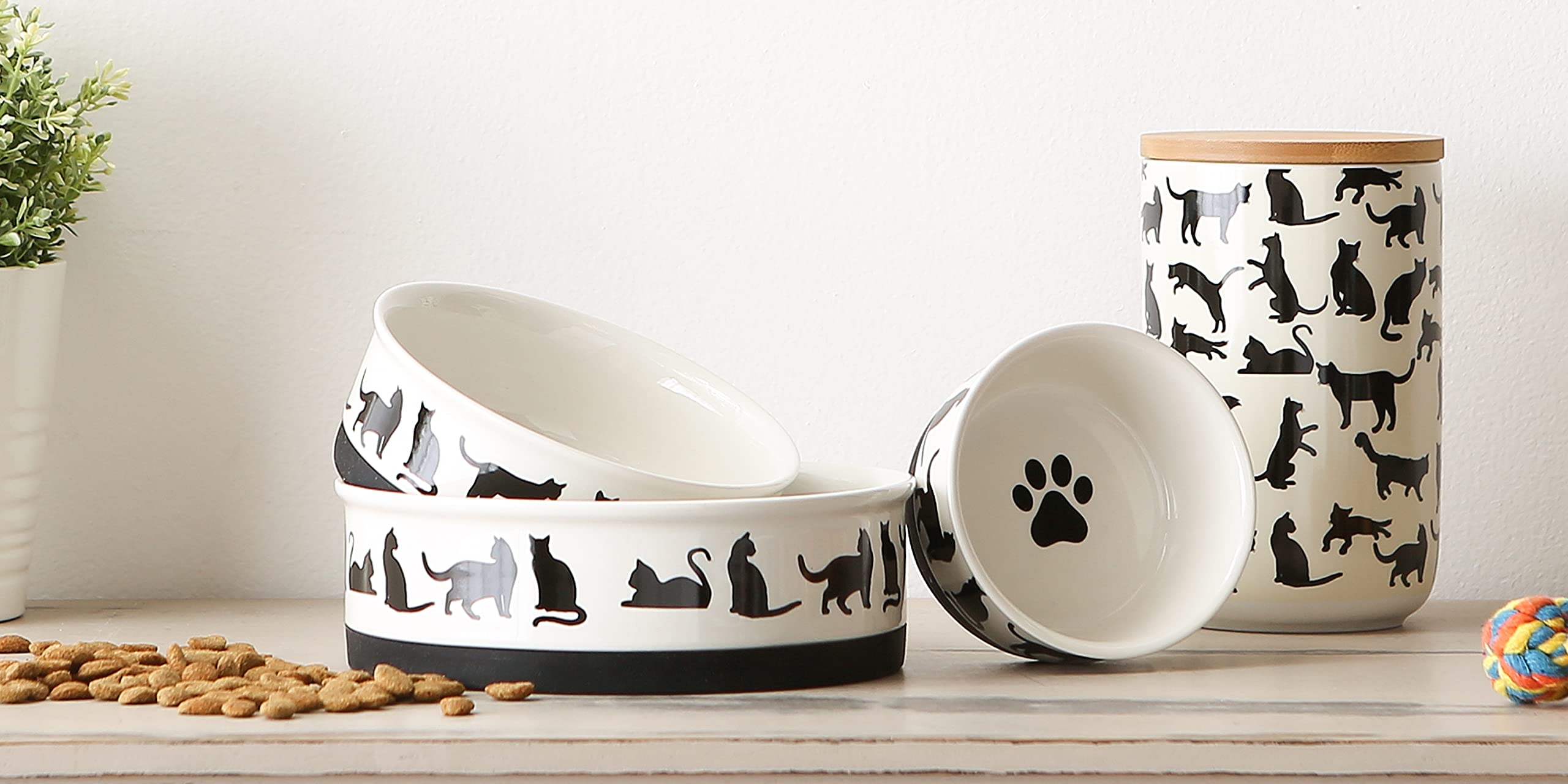 Bone Dry Ceramic Treat Jar for Cats and Dogs, Bamboo Lid, Dishwasher Safe Canister, 4x6.5", Black/White, Cat Treats