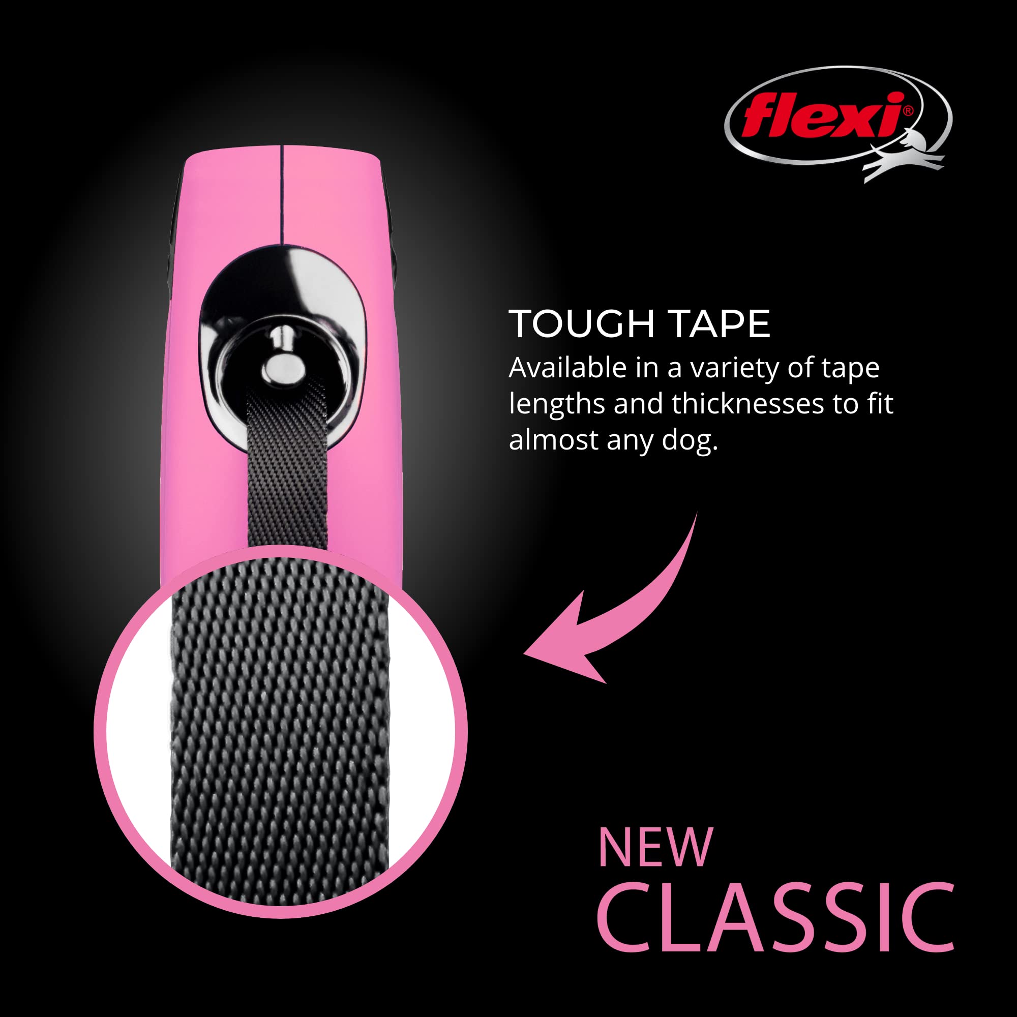 FLEXI New Classic Tape Retractable Dog Leash for Small Dogs Up to 33 lbs. – 16 ft., Pink Tangle-Free Pet Walking Leash with One-Handed Brake, Pause, Lock German Quality Product