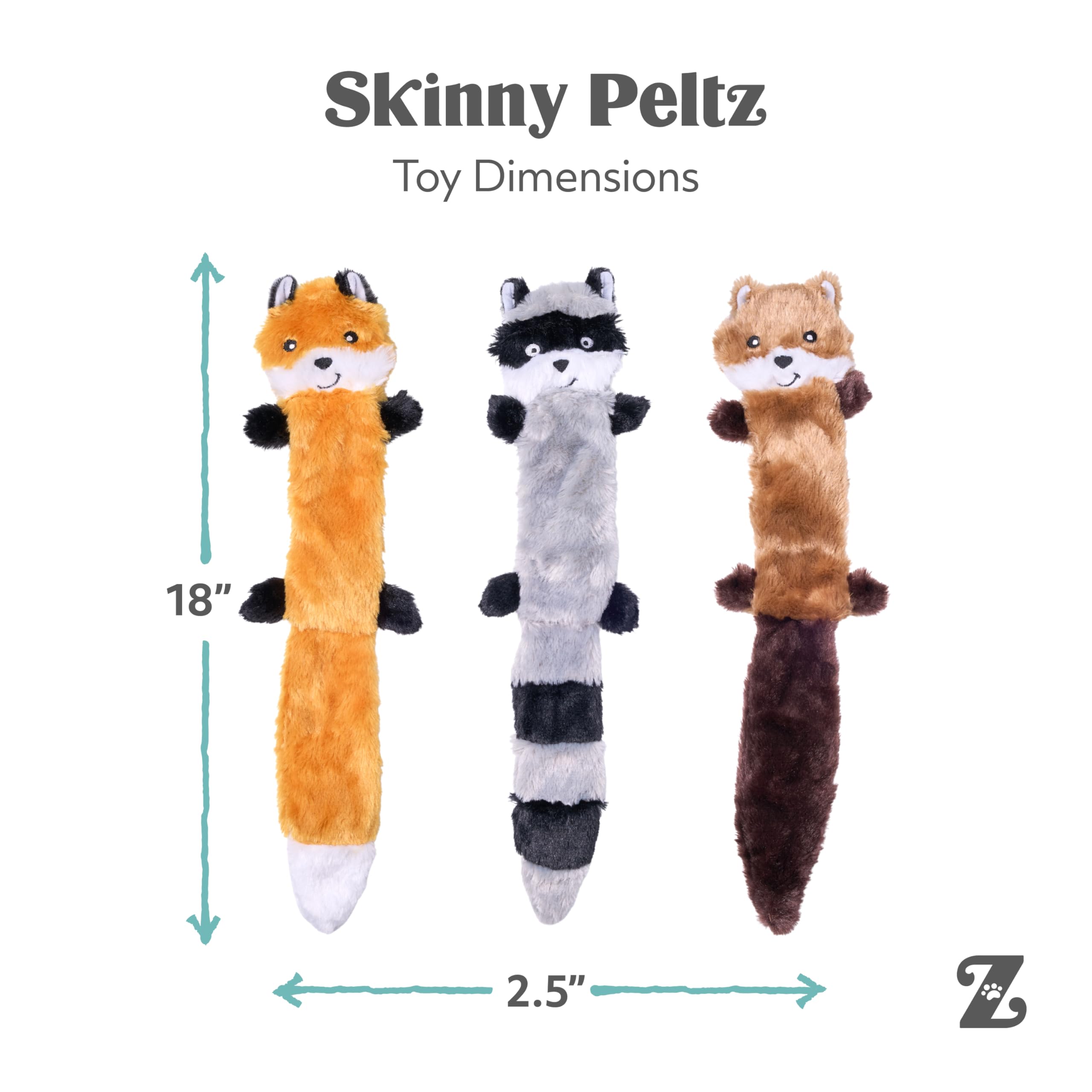 ZippyPaws Skinny Peltz - No Stuffing Dog Toy Pack to Keep Them Busy, for Medium and Large Dogs, Squeaky Pet Toys, Unstuffed Chew Toys, Soft Plush Variety Pack, Fox, Raccoon, and Squirrel - 18"